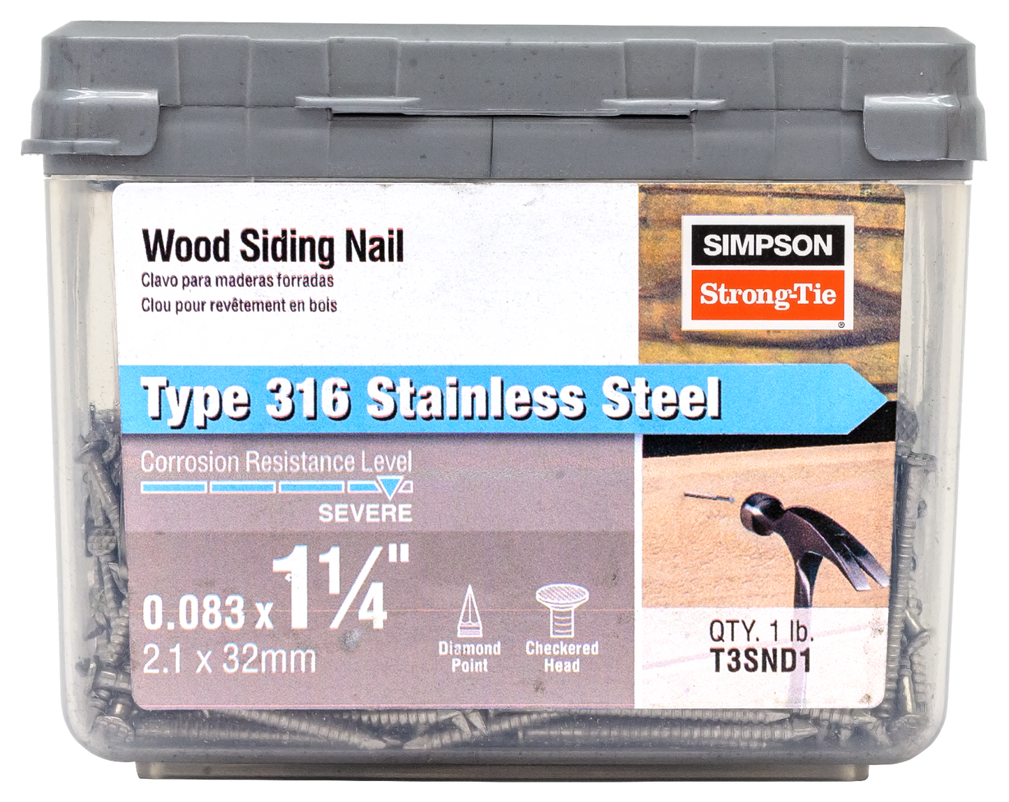 Simpson Strong-Tie T3SND1 Wood Siding Nail — 1-1/4-in. x .083-in. Type 316 Stainless Steel (1 lb.) (Pack of 800)