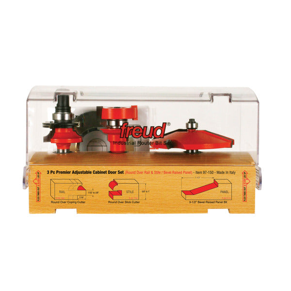 Freud 008925087533 3 Piece Premier Adjustable Cabinet Bit Set, round over & bevel profile