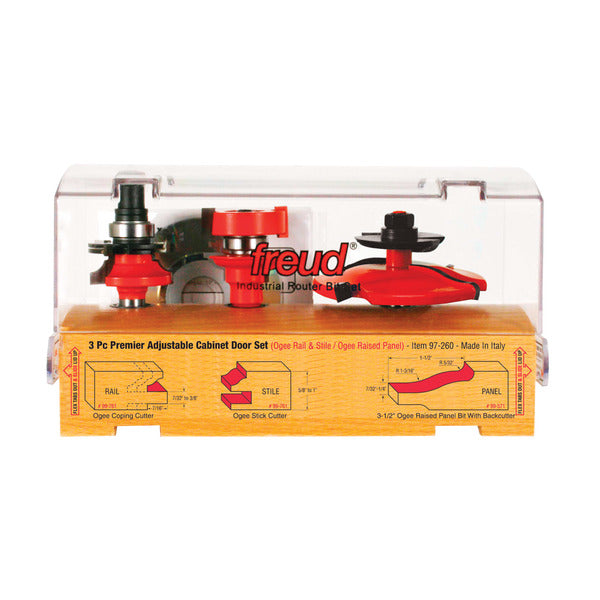 Freud 008925087625 3 Piece Premier Adjustable Cabinet Bit Set, ogee & cove with backcutter profile