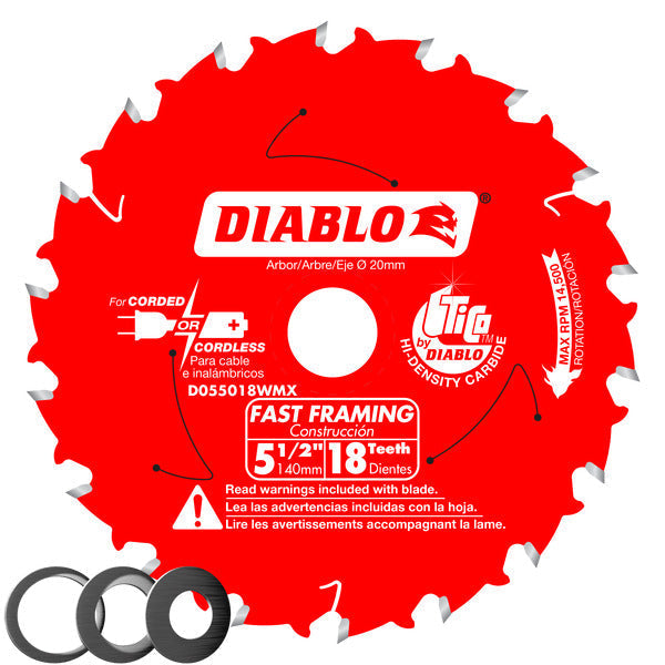 Diablo 008925143604 5-1/2 in. x 18 Tooth 20mm arbor Fast Framing Saw Blade with 3 arbor bushings