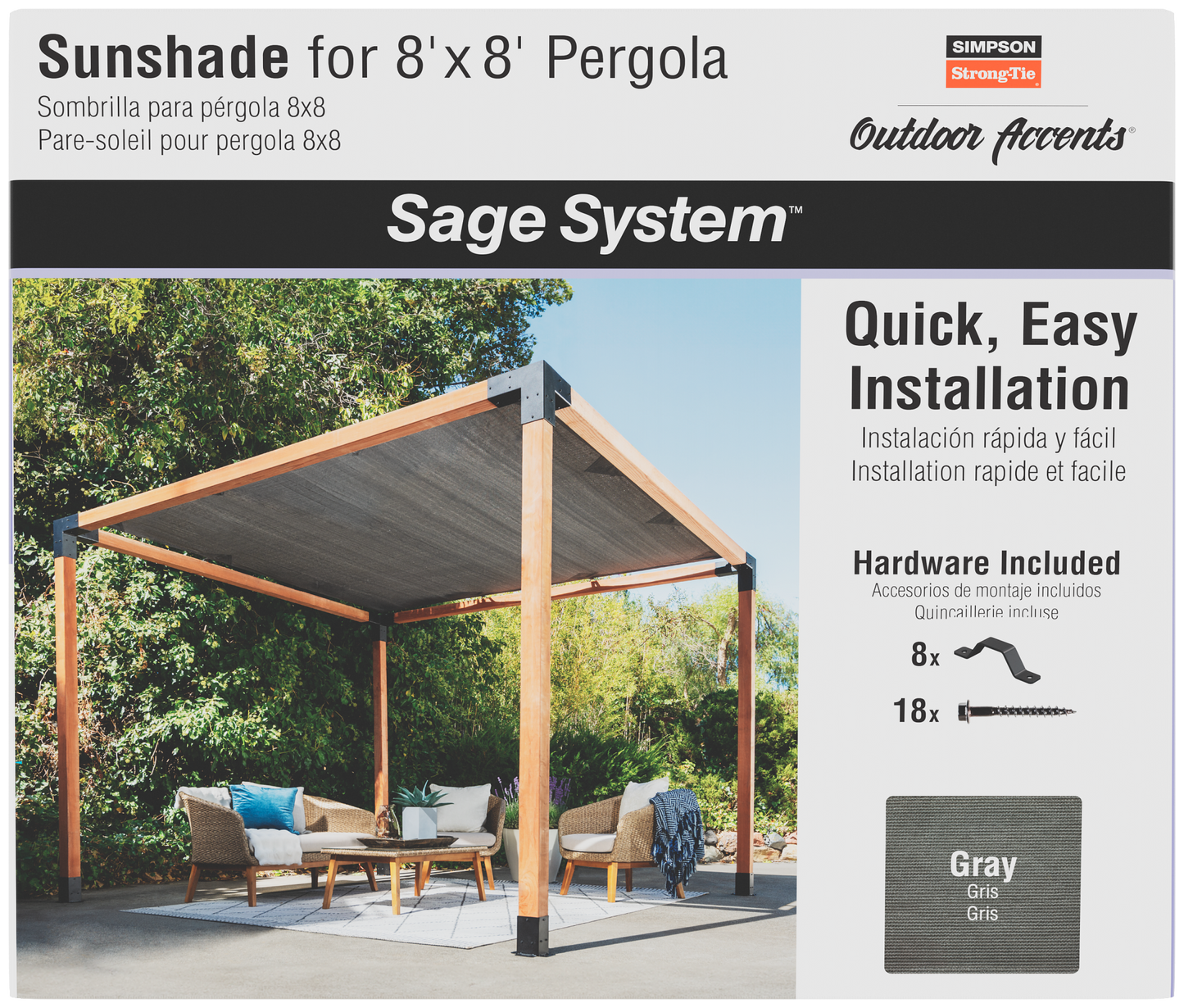 Simpson Strong-Tie SAGE-SHADE8X8G Outdoor Accents® Sage-Shade™ Sunshade for 8 ft. x 8 ft. Pergola, Gray