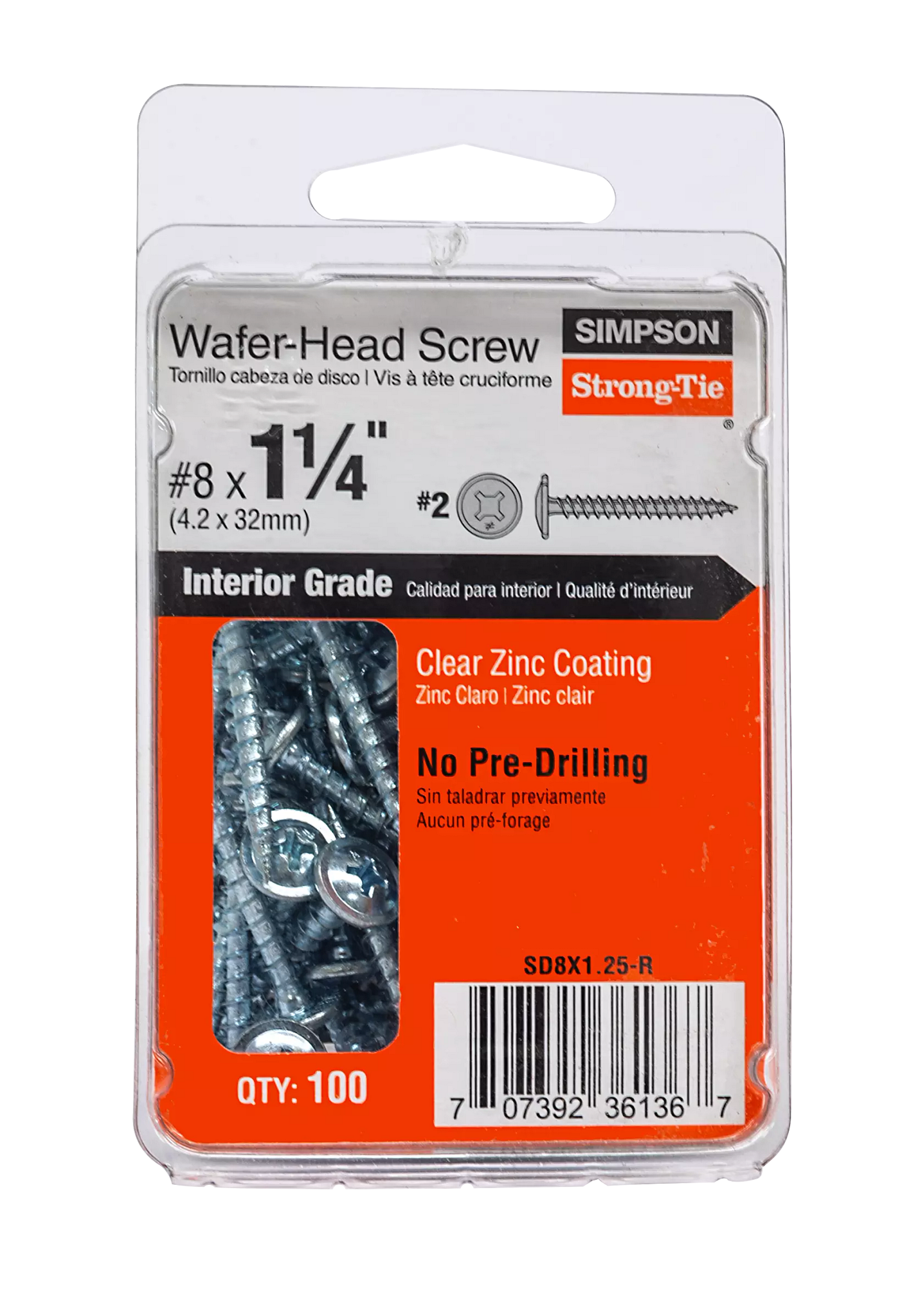 Simpson Strong-Tie SD8X1.25-R Wafer-Head Screw — #8 x 1-1/4 in. #2 Phillips, Clear Zinc Coating (100-Qty) (Pack of 16)