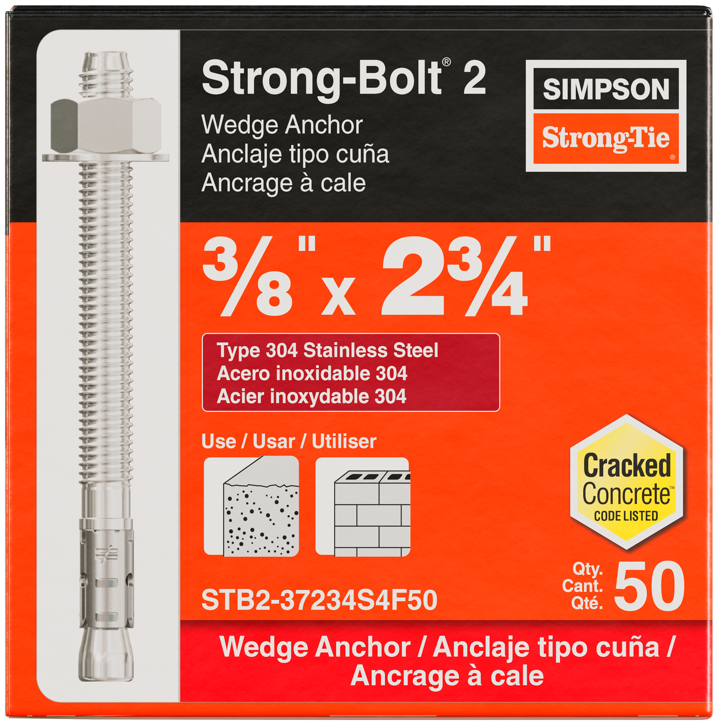 Simpson Strong-Tie STB2-37234S4F50 Strong-Bolt® 2 — 3/8 in. x 2-3/4 in. Type 304 Stainless-Steel Wedge Anchor, Fully Assembled (50-Qty) (Pack of 420)