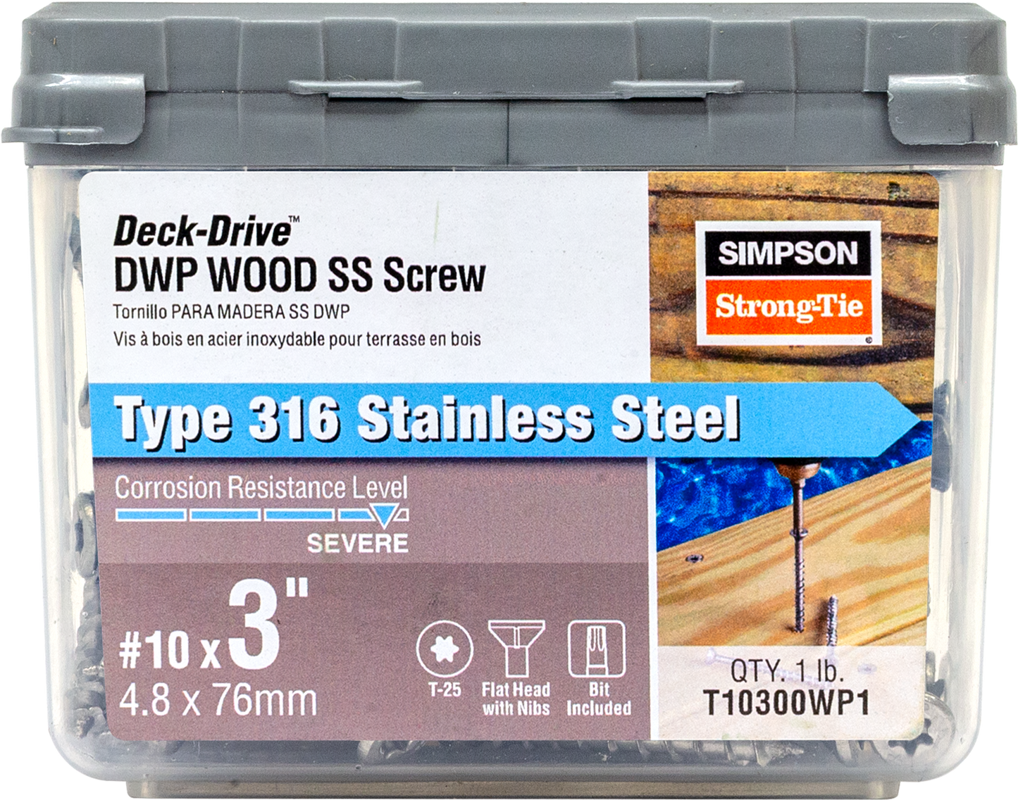 Simpson Strong-Tie T10300WP1 Deck-Drive™ DWP WOOD SS Screw — #10 x 3 in. T-25, Flat Head, Type 316 (1 lb.) (Pack of 800)