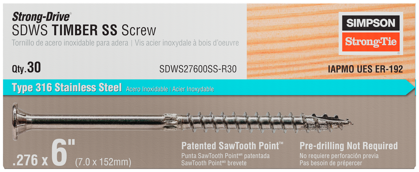 Simpson Strong-Tie SDWS27600SS-R30 Strong-Drive® SDWS™ TIMBER Screw — 0.275 in. x 6 in. T50, Type 316 (30-Qty)