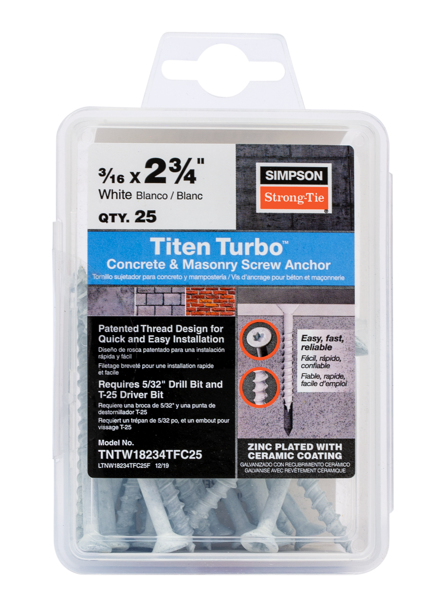 Simpson Strong-Tie TNTW18234TFC25 Titen Turbo™ — 3/16 in. x 2-3/4 in. 6-Lobe Flat-Head Concrete and Masonry Screw, White (25-Qty) (Pack of 5)