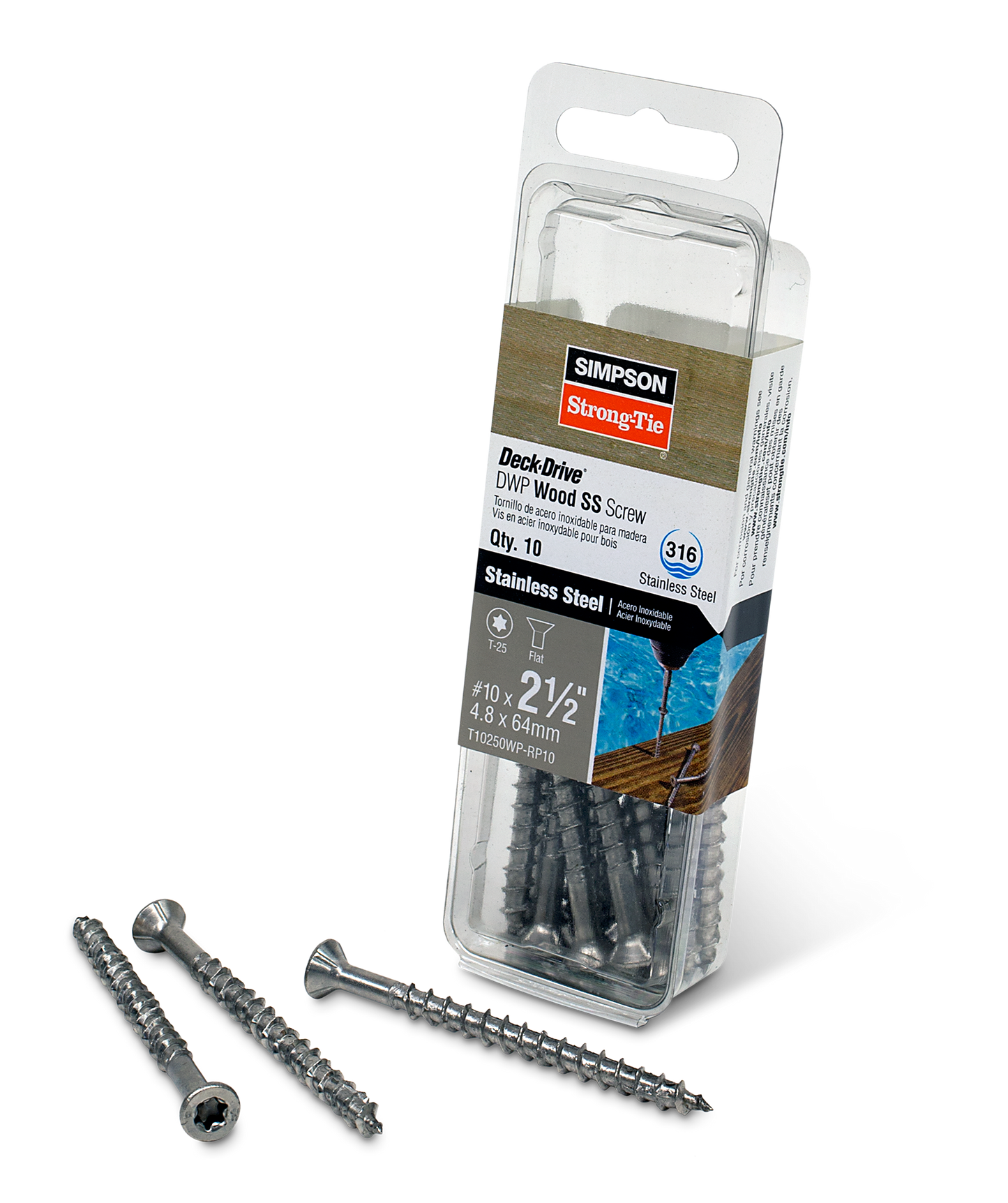 Simpson Strong-Tie T10250WP-RP10 Deck-Drive™ DWP WOOD SS Screw — #10 x 2-1/2 in. T25, Flat Head, Type 316 (10-Qty) (Pack of 5)