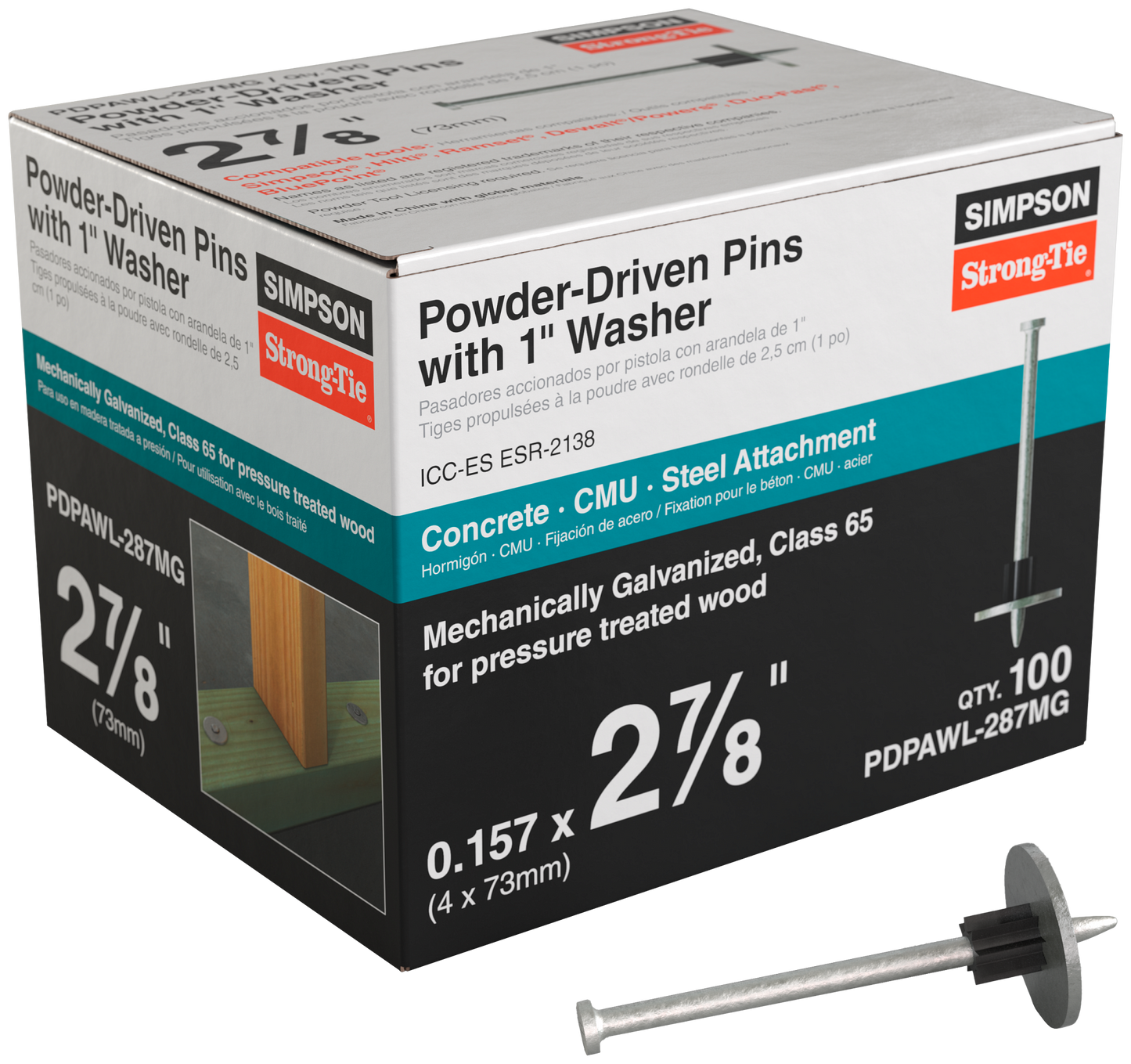 Simpson Strong-Tie PDPAWL-287MG PDPAWL .157 in. x 2-7/8 in. Mechanically Galvanized Powder-Actuated Pin w/ 1 in. Washer (100-Qty) (Pack of 10)