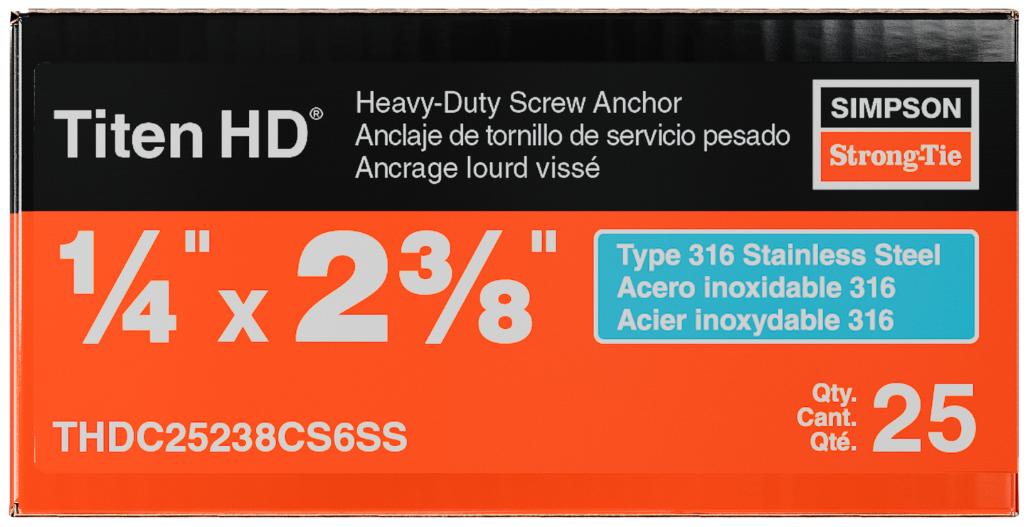 Simpson Strong-Tie THDC25238CS6SS Titen HD® 1/4 in. x 2-3/8 in. Type 316 SS Countersunk Head Heavy-Duty Screw Anchor (25-Qty)