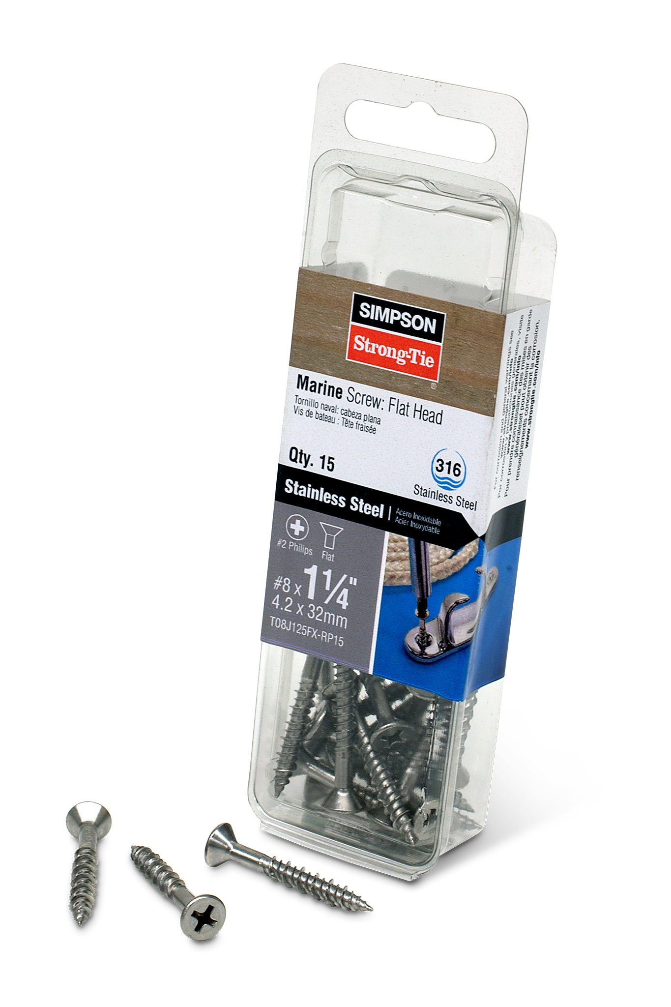 Simpson Strong-Tie T08J125FX-RP15 Marine Screw, Flat Head — #8 x 1-1/4 in. #2 Phillips Drive, Type 316 (15-Qty)