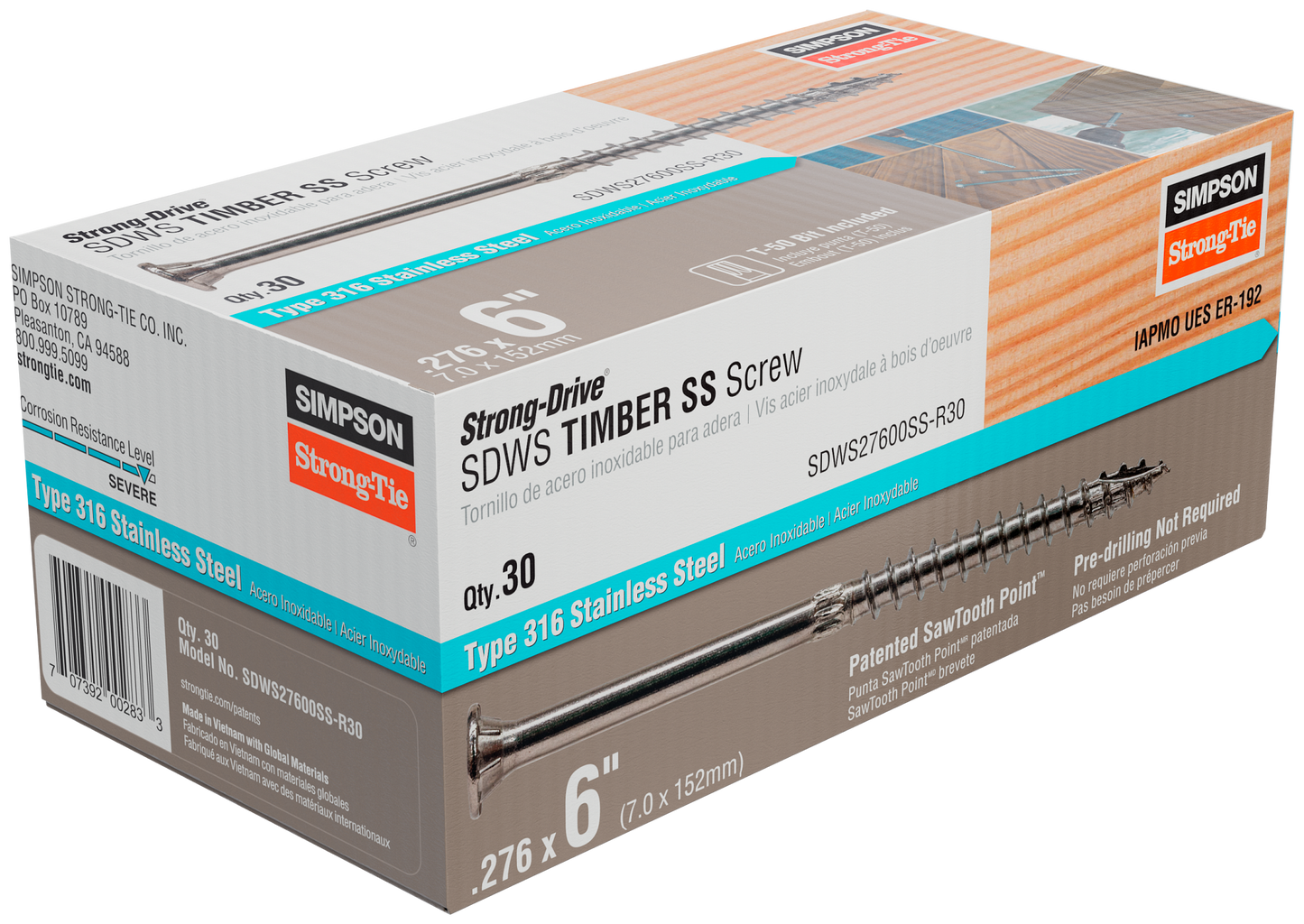 Simpson Strong-Tie SDWS27600SS-R30 Strong-Drive® SDWS™ TIMBER Screw — 0.275 in. x 6 in. T50, Type 316 (30-Qty)