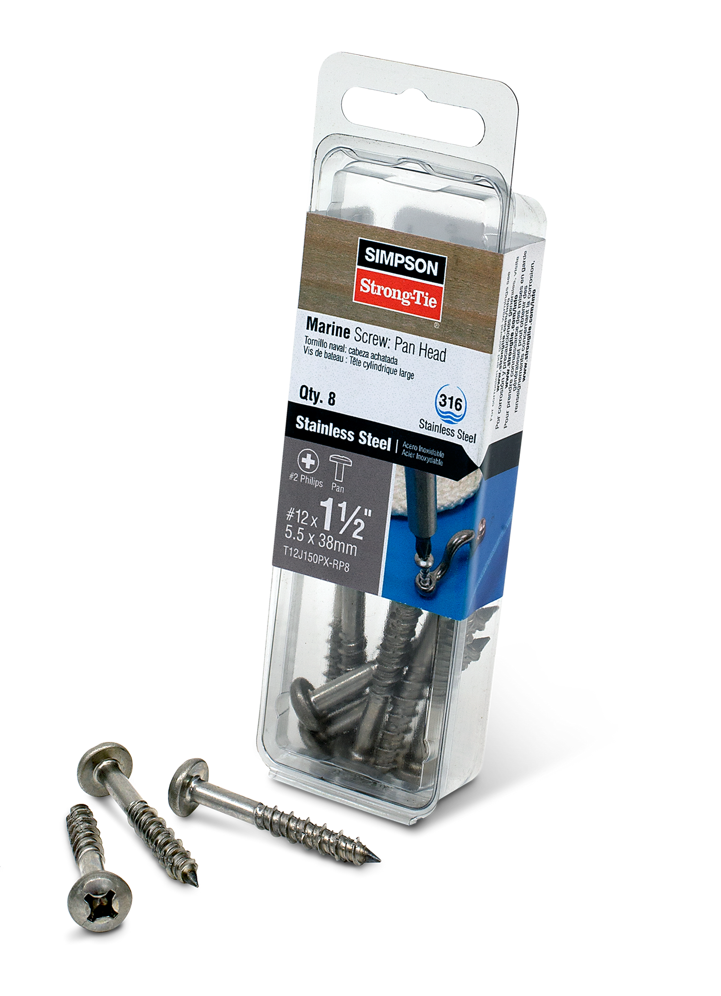 Simpson Strong-Tie T12J150PX-RP8 Marine Screw, Pan Head — #12 x 1-1/2 in. #3 Phillips Drive, Type 316 (8-Qty) (Pack of 3240)