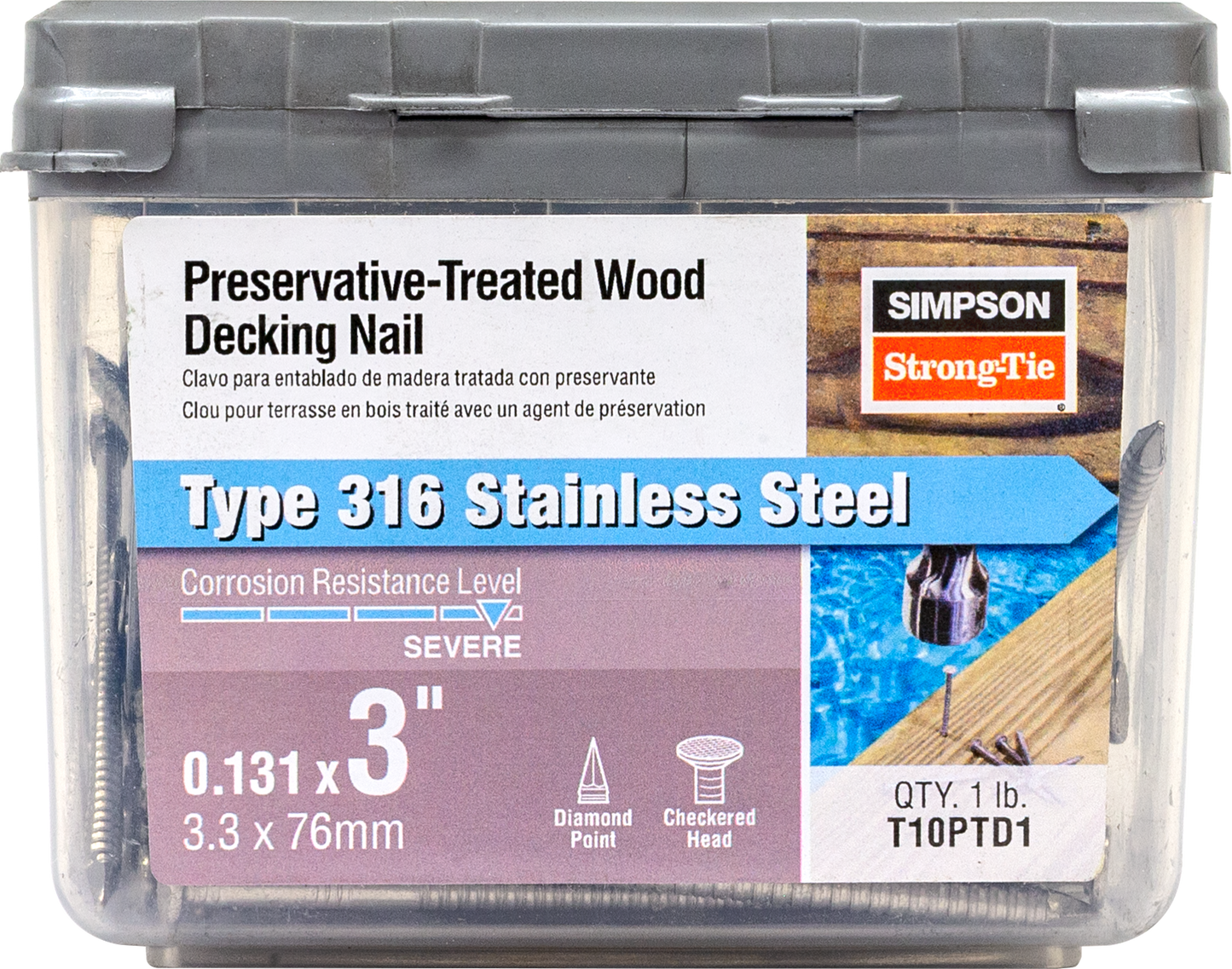 Simpson Strong-Tie T10PTD1 Preservative-Treated Wood Decking Nail, Ring Shank — 3 in. x .131 in. Type 316 (1 lb.) (Pack of 800)