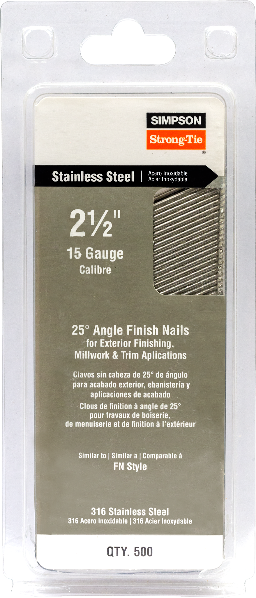 Simpson Strong-Tie T15N250FNB 25° Angle, Adhesive Collation, FN-Style, 15-Gauge Finishing Nail — 2-1/2 in. Type 316 (500-Qty)