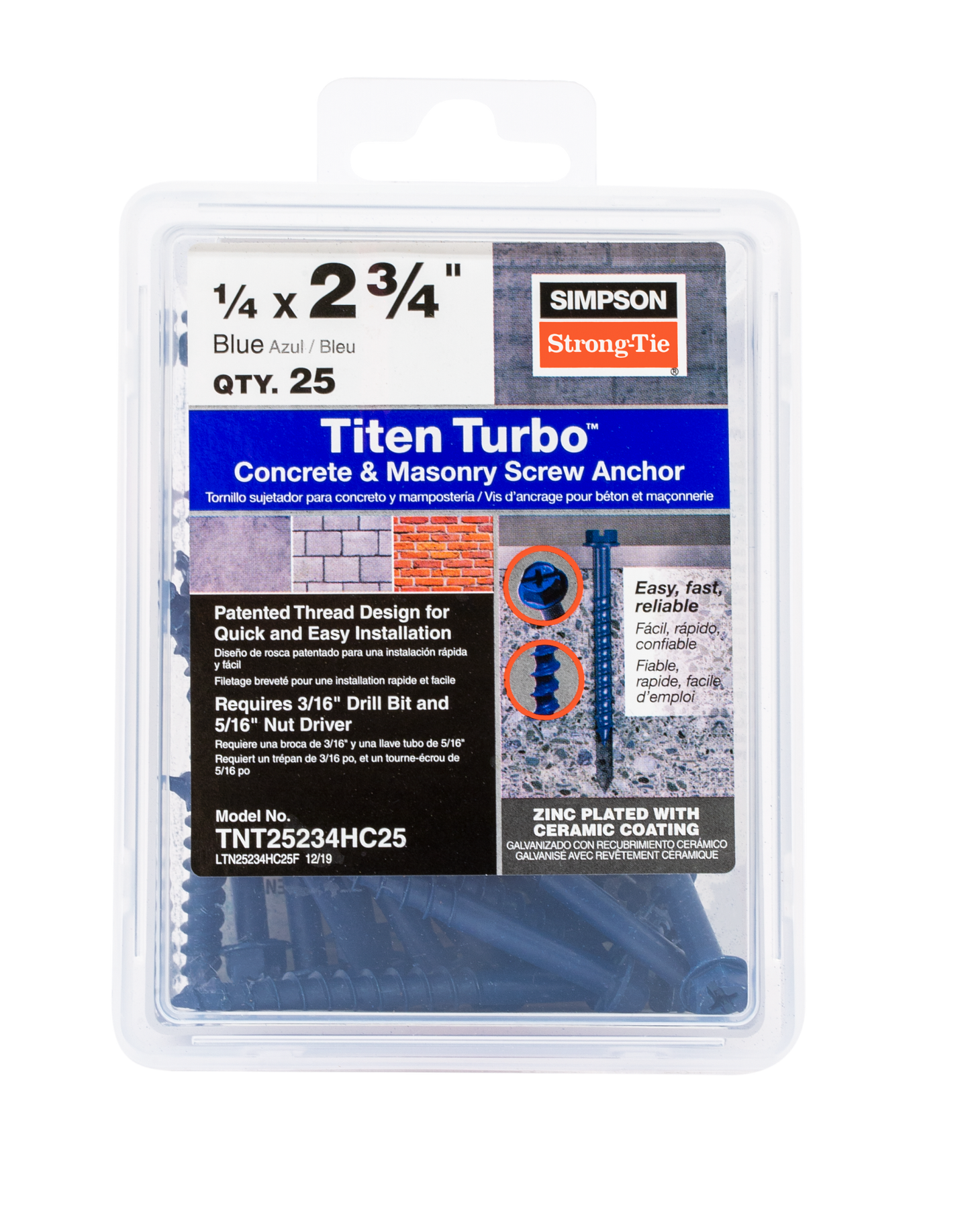 Simpson Strong-Tie TNT25234H Titen Turbo™ — 1/4 in. x 2-3/4 in. Hex-Head Concrete and Masonry Screw, Blue (100-Qty) (Pack of 5)