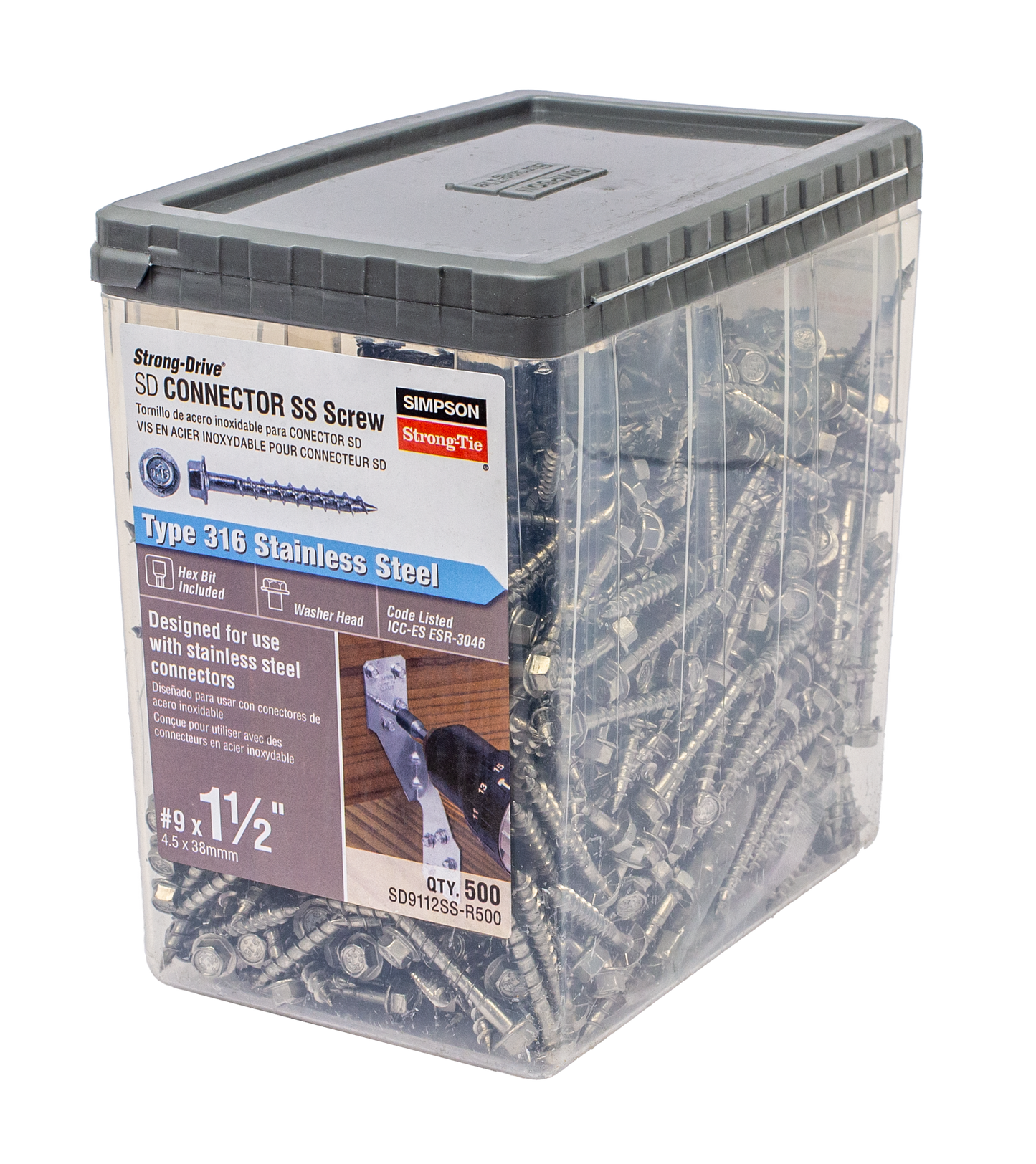 Simpson Strong-Tie SD9112SS-R500 Strong-Drive® SD CONNECTOR SS Screw — #9 x 1-1/2 in. 1/4-Hex Drive, Type 316 (500-Qty)