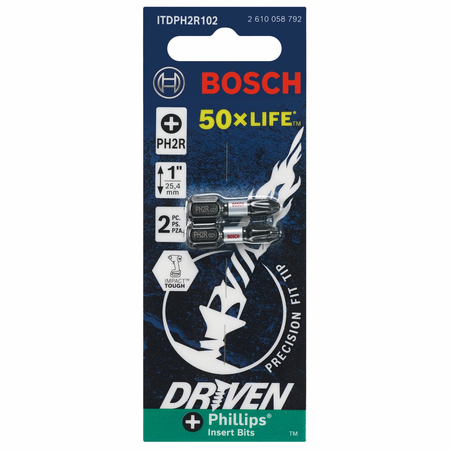 BOSCH ITDPH2R102 2 pc. Driven 1 In. Impact Phillips® #2R (reduced) Insert Bits