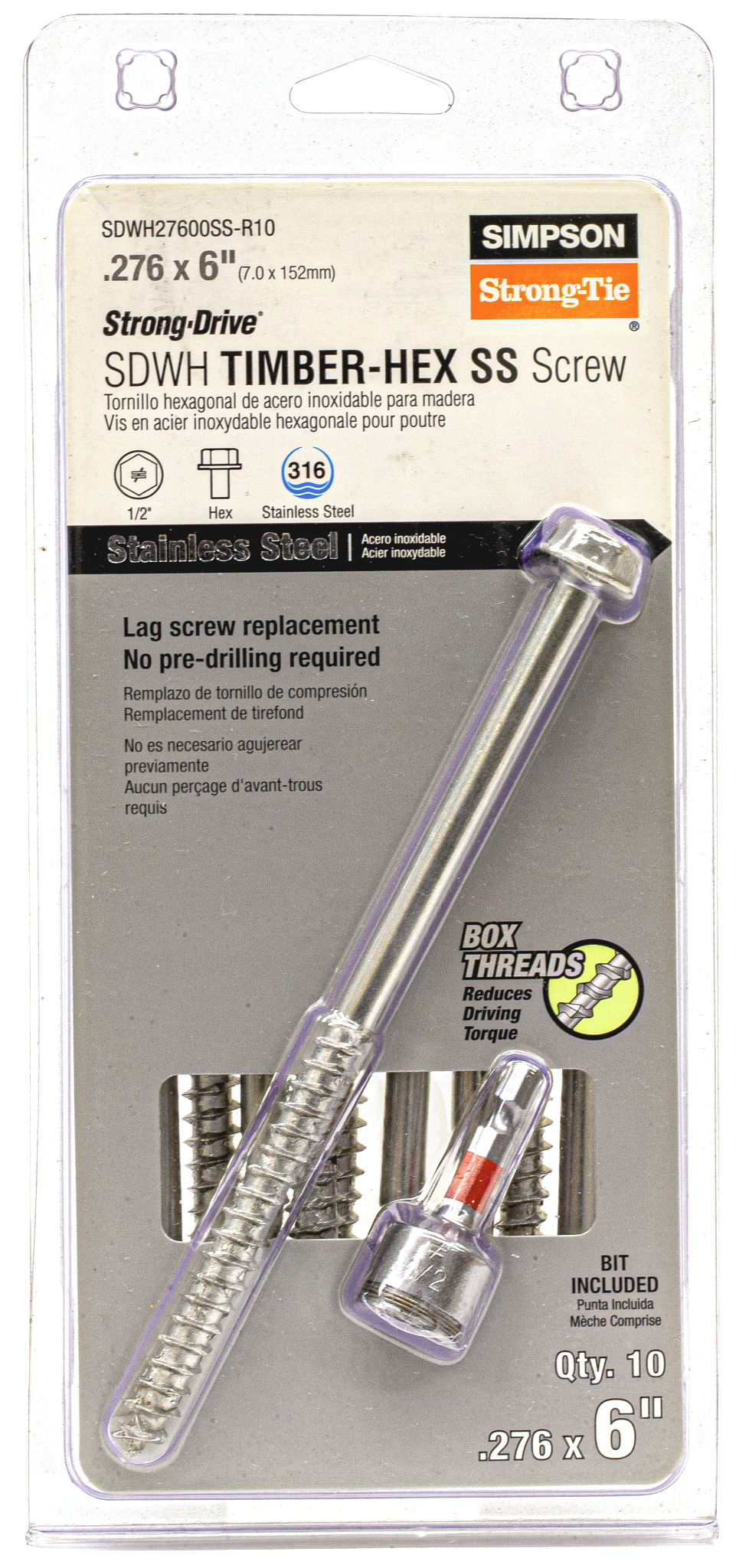 Simpson Strong-Tie SDWH27600SS-R10 Strong-Drive® SDWH™ TIMBER-HEX SS Screw — 0.275 in. x 6 in. 1/2 Hex, Type 316 (10-Qty)