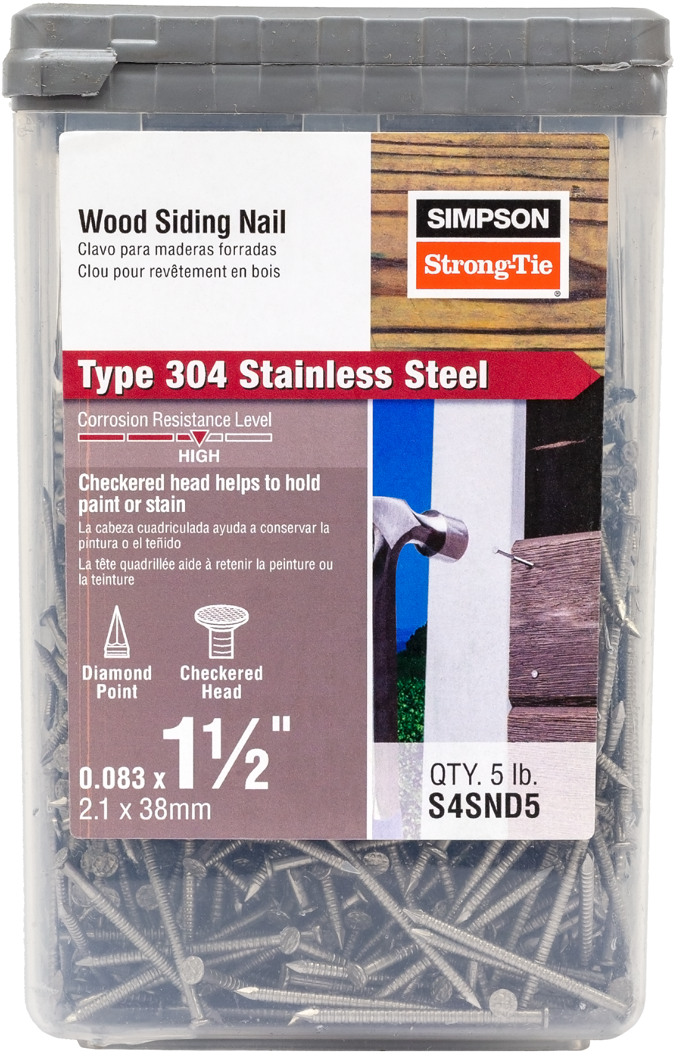 Simpson Strong-Tie S4SND5 Wood Siding Nail — 1-1/2-in. x .083-in. Type 304 Stainless Steel (5 lb.)