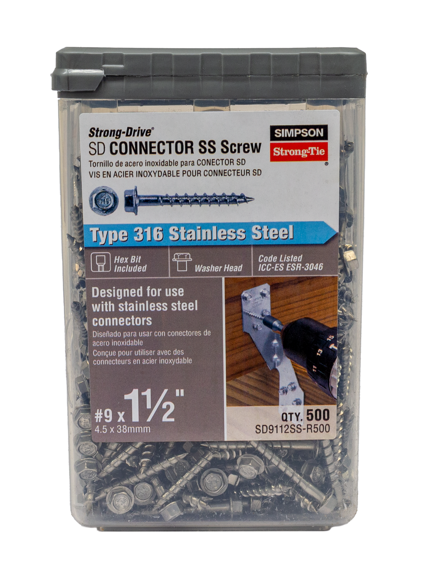 Simpson Strong-Tie SD9112SS-R500 Strong-Drive® SD CONNECTOR SS Screw — #9 x 1-1/2 in. 1/4-Hex Drive, Type 316 (500-Qty) (Pack of 396)