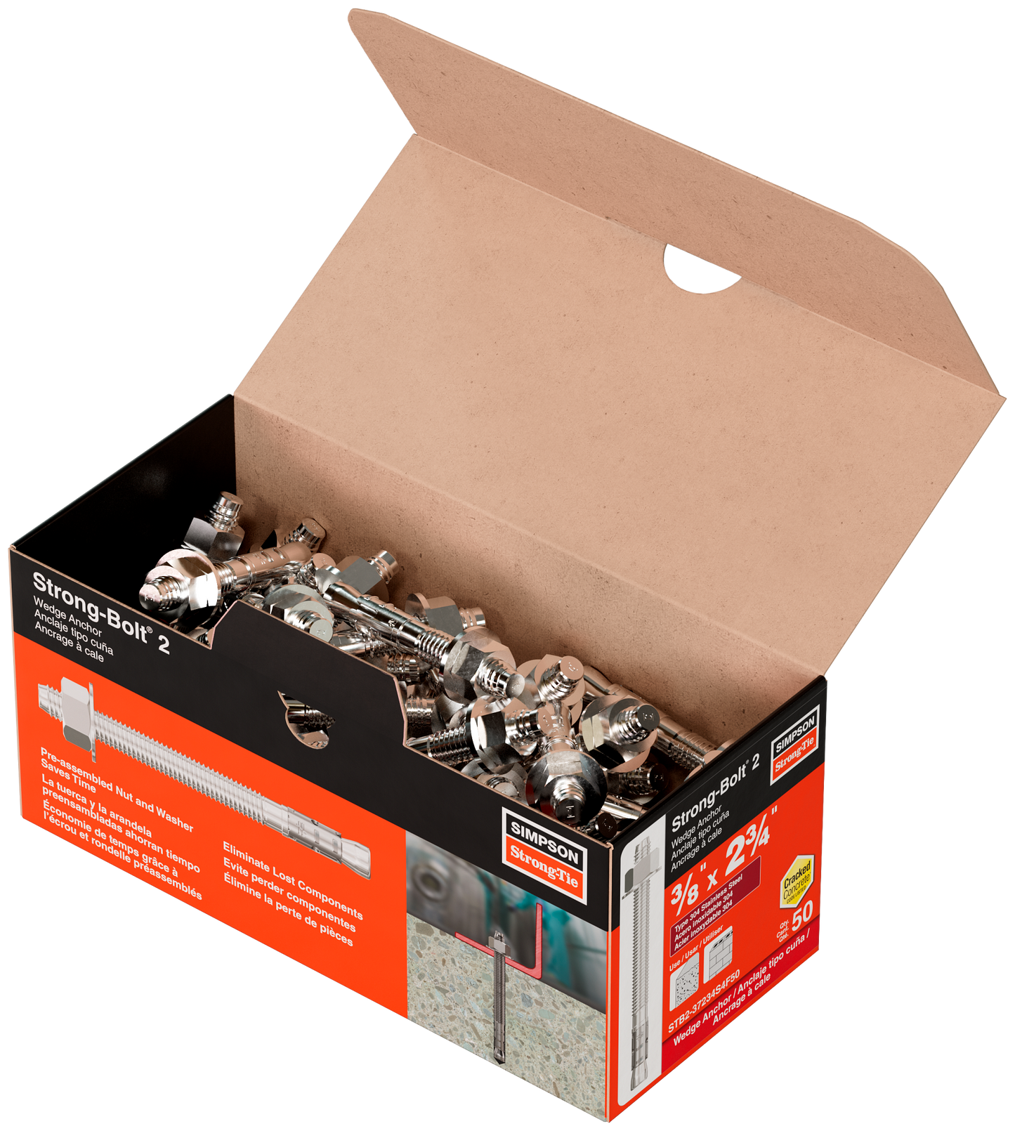 Simpson Strong-Tie STB2-37234S4F50 Strong-Bolt® 2 — 3/8 in. x 2-3/4 in. Type 304 Stainless-Steel Wedge Anchor, Fully Assembled (50-Qty)