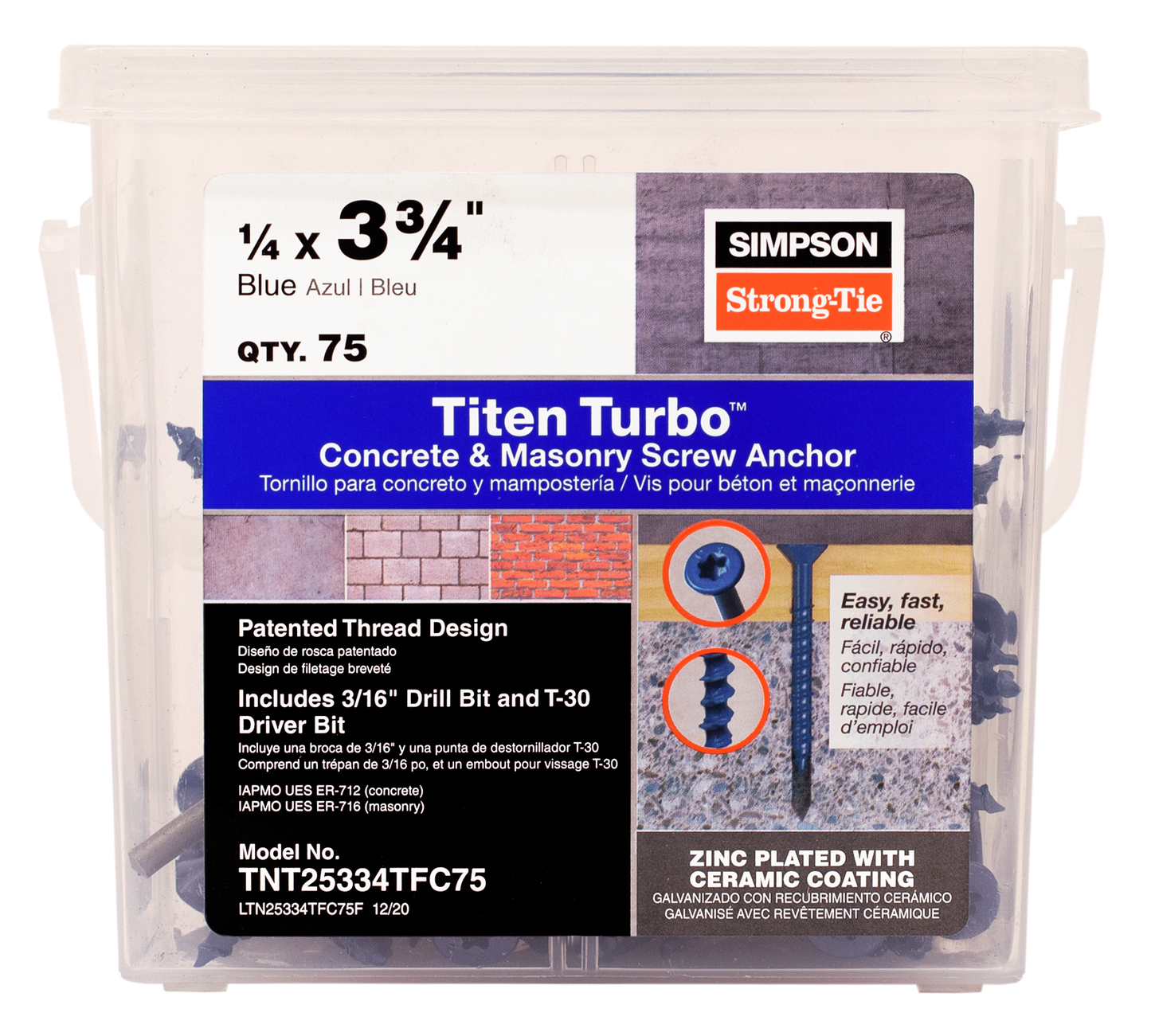 Simpson Strong-Tie TNT25334TFC75 Titen Turbo™ — 1/4 in. x 3-3/4 in. 6-Lobe Flat-Head Concrete and Masonry Screw, Blue (75-Qty) (Pack of 4)