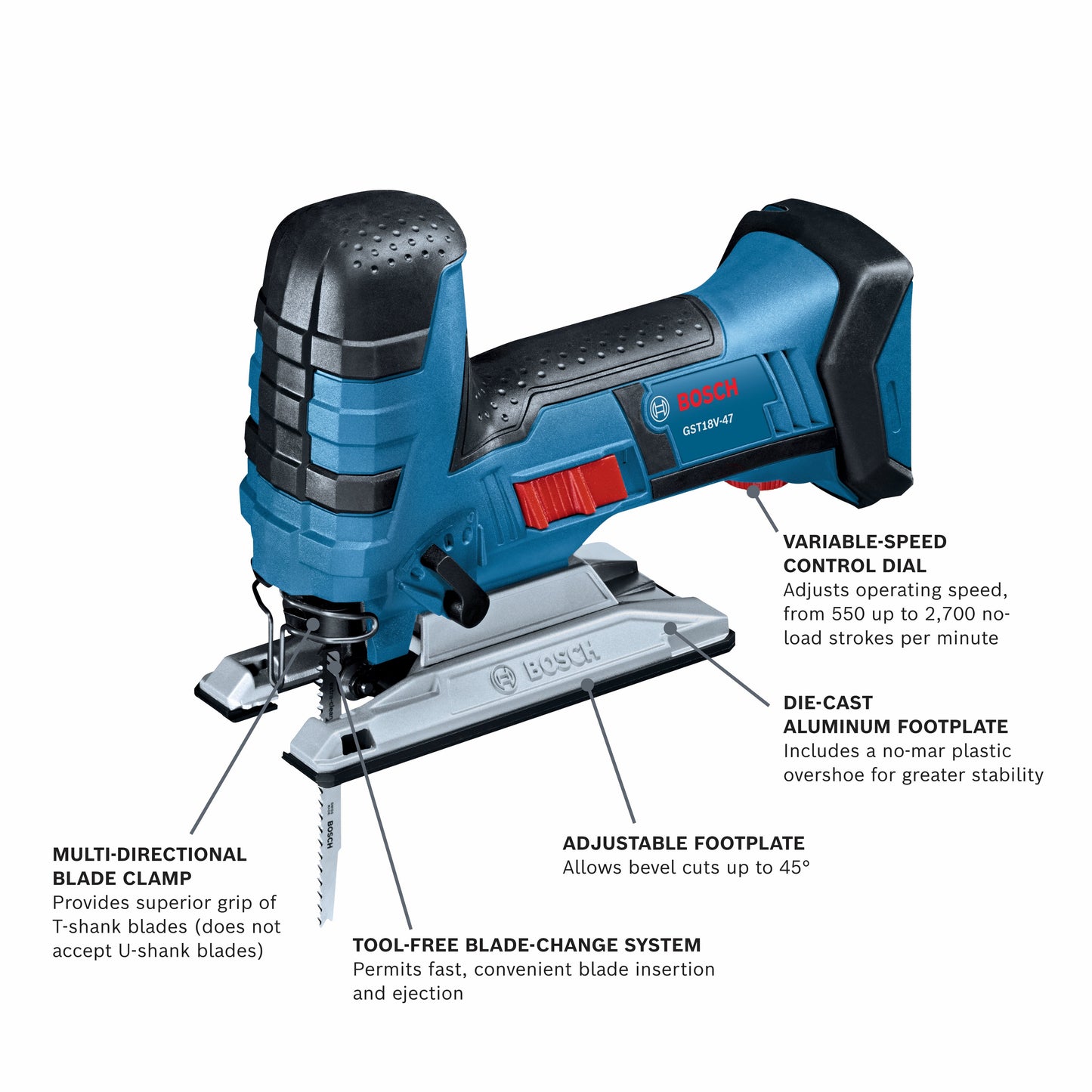 Sierra caladora BOSCH GST18V-47N de 18 V con empuñadura de barril (herramienta básica)