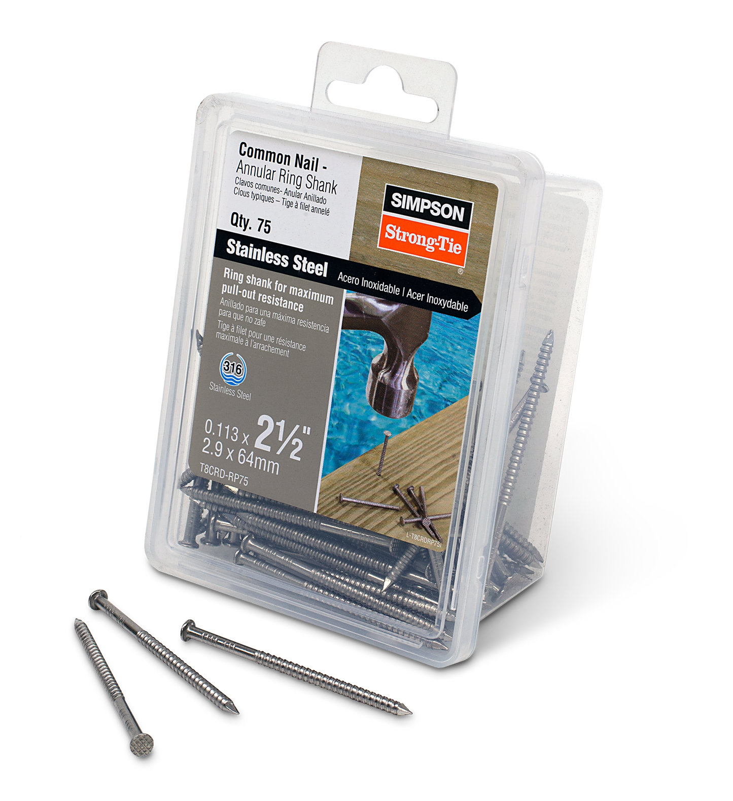 Simpson Strong-Tie T8CRD-RP75 Cedar and Redwood Decking Nail — 2-1/2 in. x .113 in. Type 316 Stainless Steel (75-Qty) (Pack of 600)