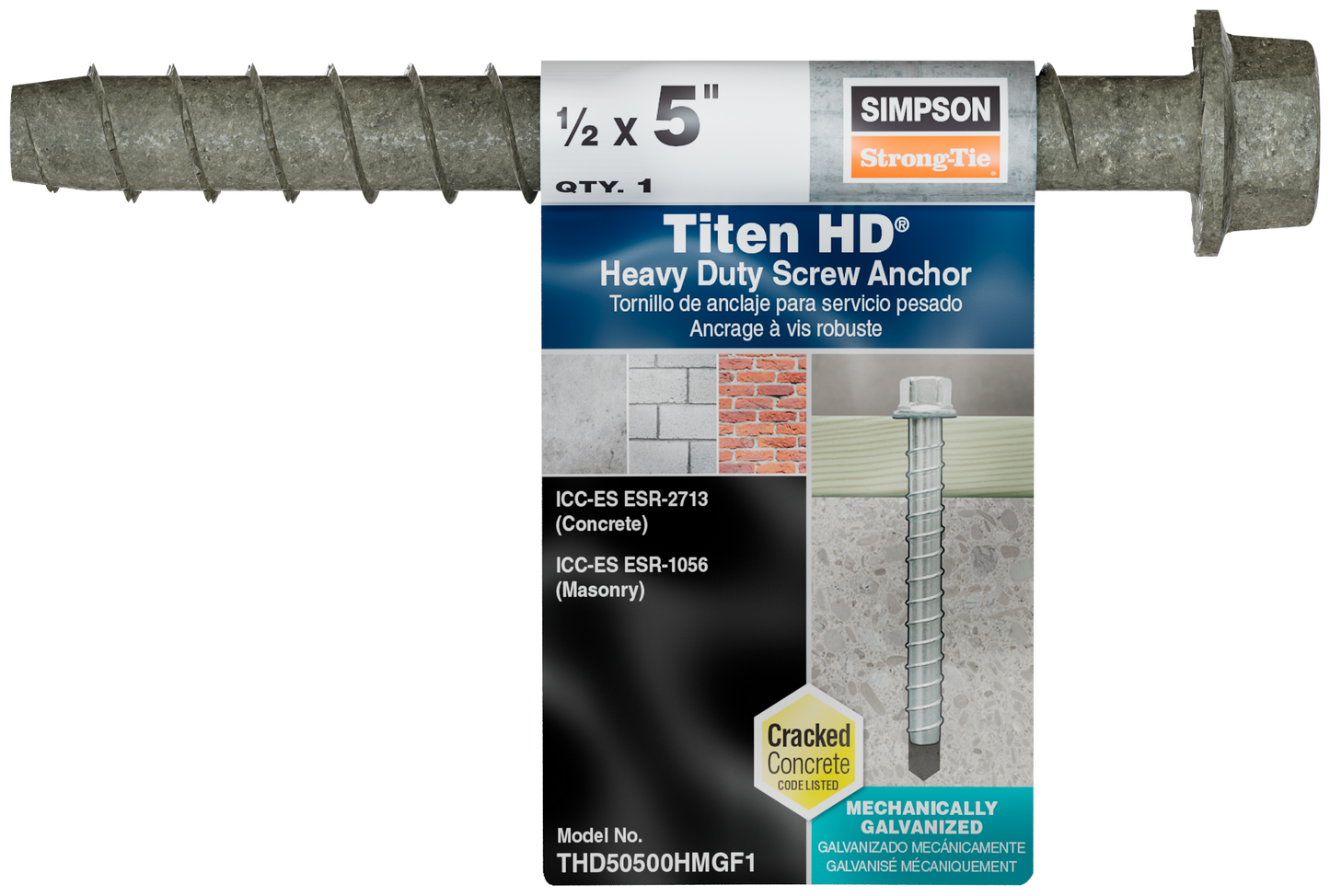 Simpson Strong-Tie THD50500HMGF1 Titen HD® 1/2 in. x 5 in. Mechanically Galvanized Heavy-Duty Screw Anchor (Pack of 20)