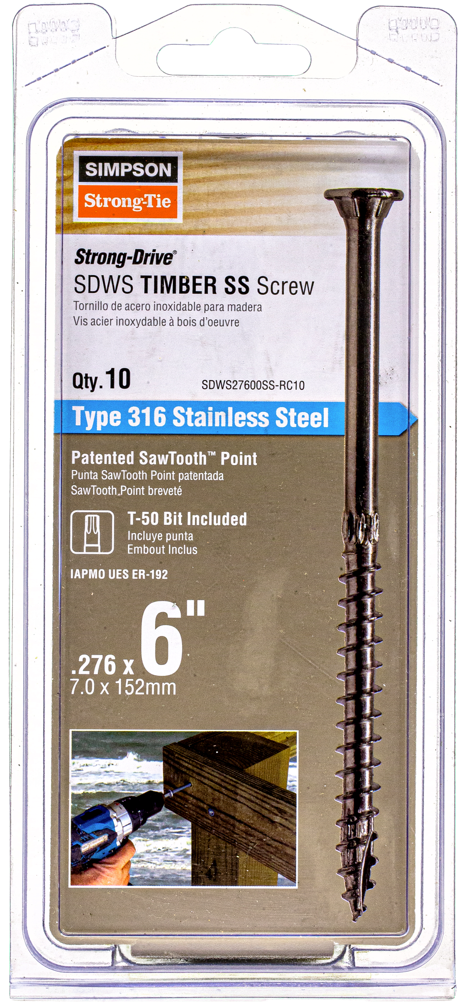 Simpson Strong-Tie SDWS27600SS-RC10 Strong-Drive® SDWS™ TIMBER Screw — 0.275 in. x 6 in. T50, Type 316 (10-Qty) (Pack of 360)