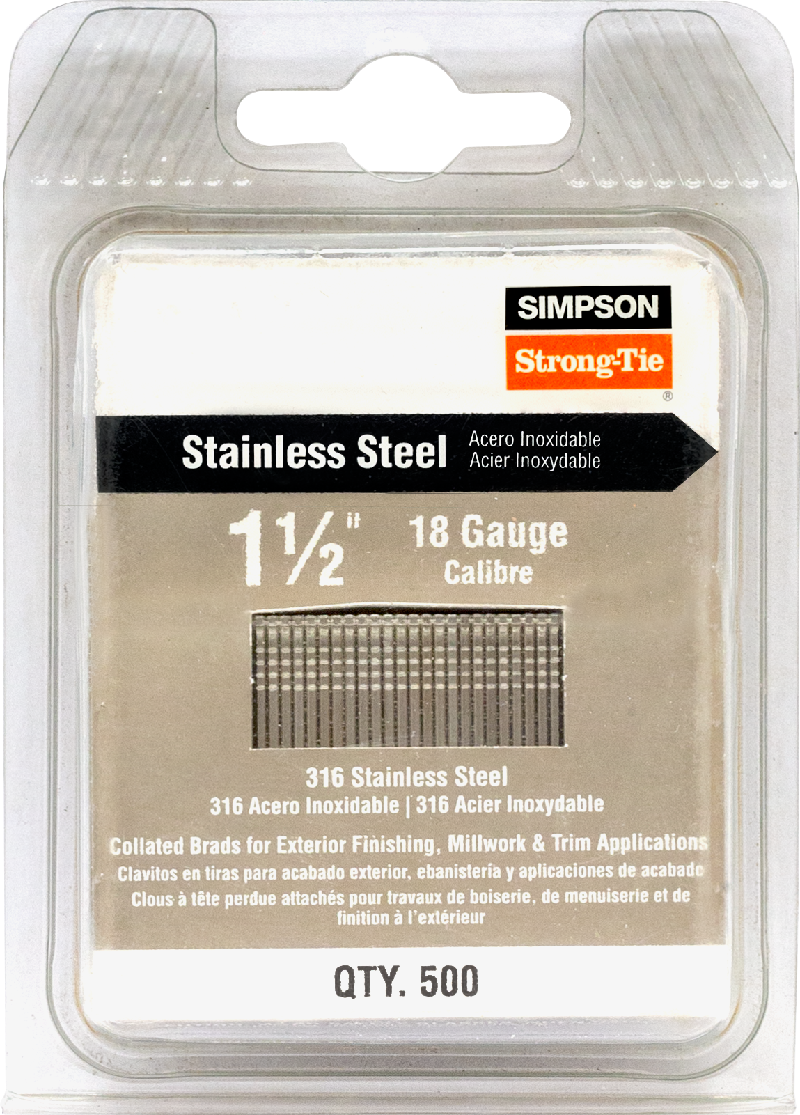 Simpson Strong-Tie T18N150FNB Straight, Adhesive Collation, T-Style Head, 18-Gauge Brads — 1-1/2 in. Type 316 (500-Qty) (Pack of 100)