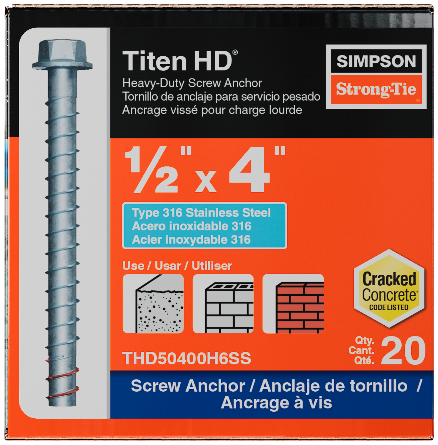 Simpson Strong-Tie THD50400H6SS Titen HD® 1/2 in. x 4 in. Type 316 Stainless-Steel Heavy-Duty Screw Anchor (20-Qty) (Pack of 4)