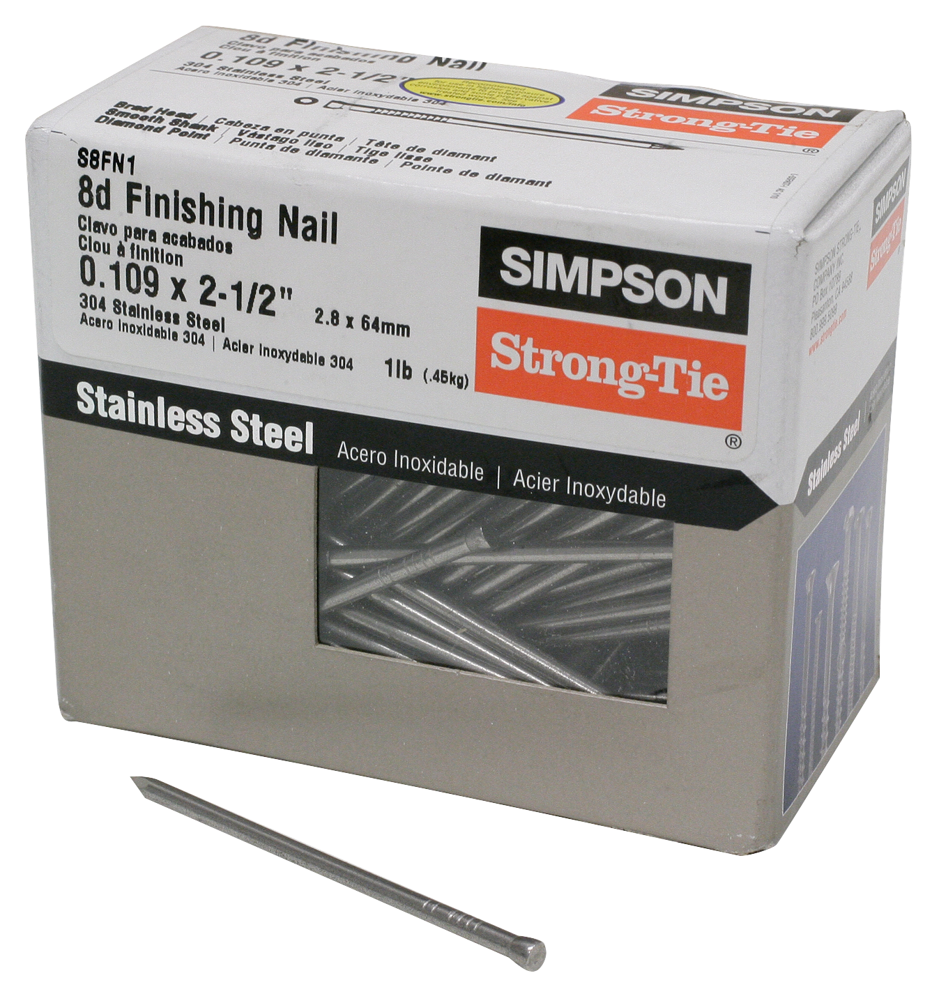 Simpson Strong-Tie S8FN1 Finishing Nail — 2-1/2-in. x .113-in. Type 304 Stainless Steel (1 lb.) (Pack of 10)