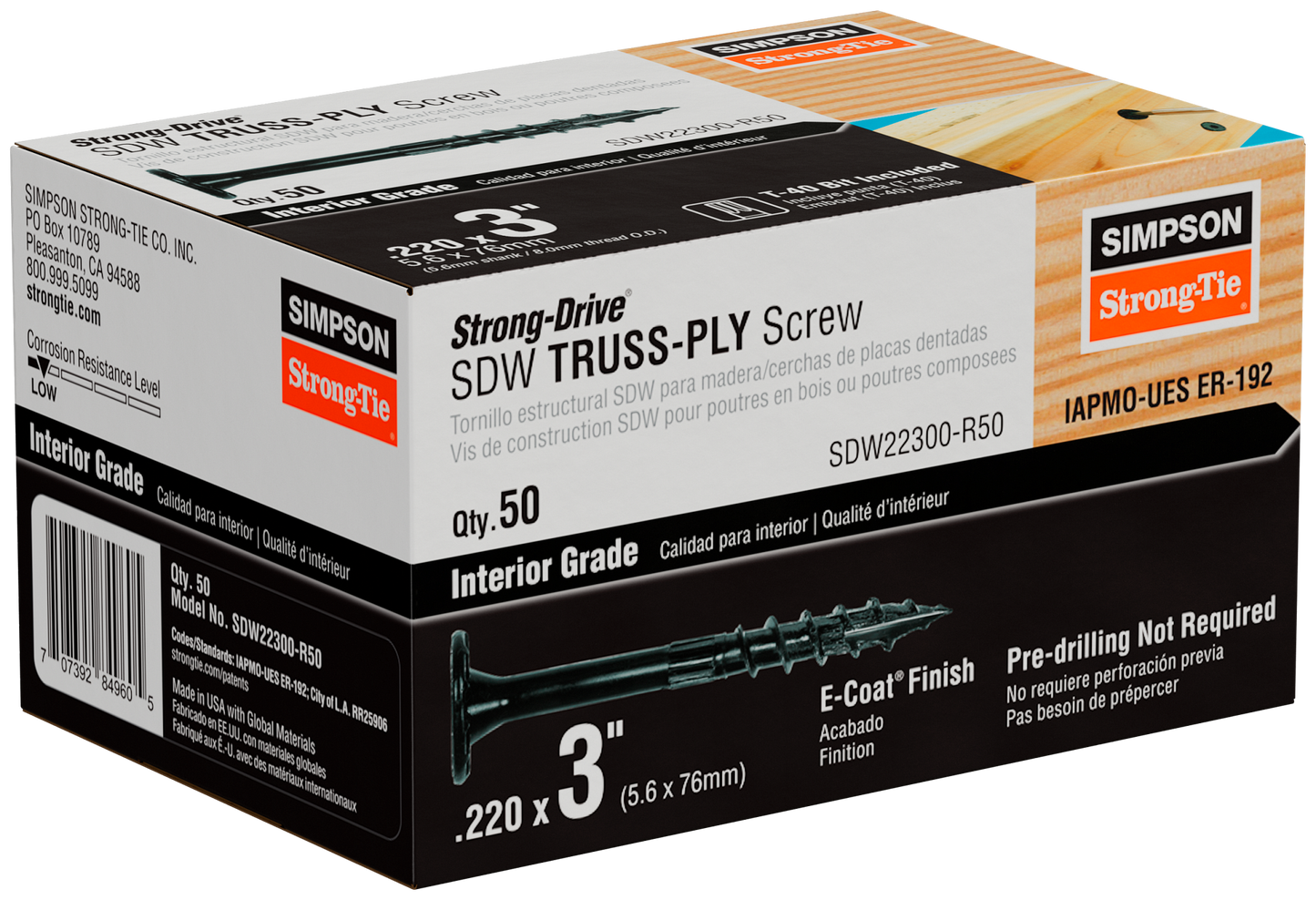Simpson Strong-Tie SDW22300-R50 Strong-Drive® SDW™ TRUSS-PLY Screw — .220 in. x 3 in. T40 6-Lobe E-coat® (50-Qty)