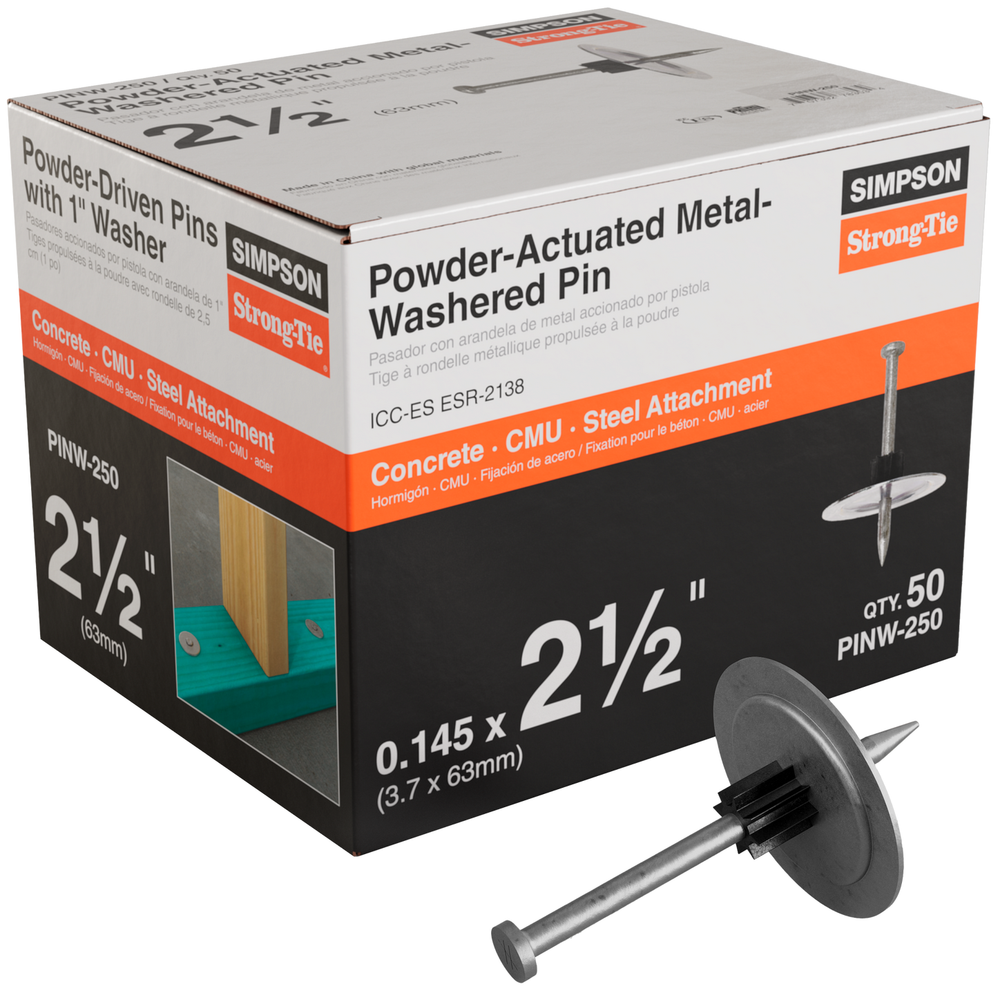 Simpson Strong-Tie PINW-250 PINW 2-1/2 in. Powder-Actuated Metal-Washered Pin for Insulation Board (50-Qty) (Pack of 10)