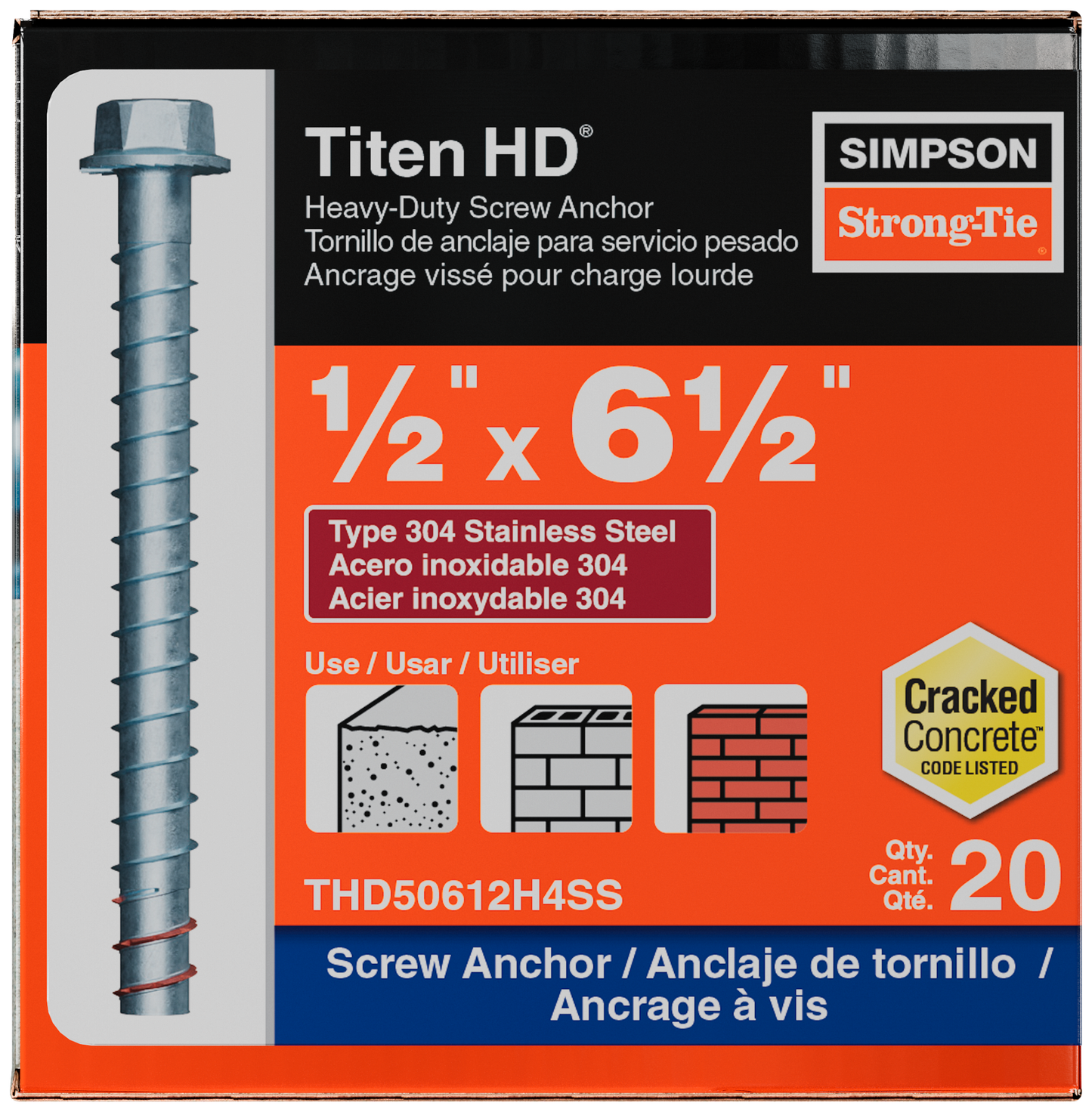 Simpson Strong-Tie THD50612H4SS Titen HD® 1/2 in. x 6-1/2 in. Type 304 Stainless Steel Heavy-Duty Screw Anchor (20-Qty) (Pack of 2)