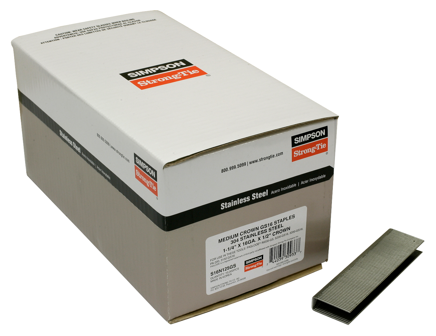 Simpson Strong-Tie S16N125GS 1/2-in. Crown, 16-Gauge Staples — 1-1/4 in. Type 304 Stainless Steel (10,000-Qty)