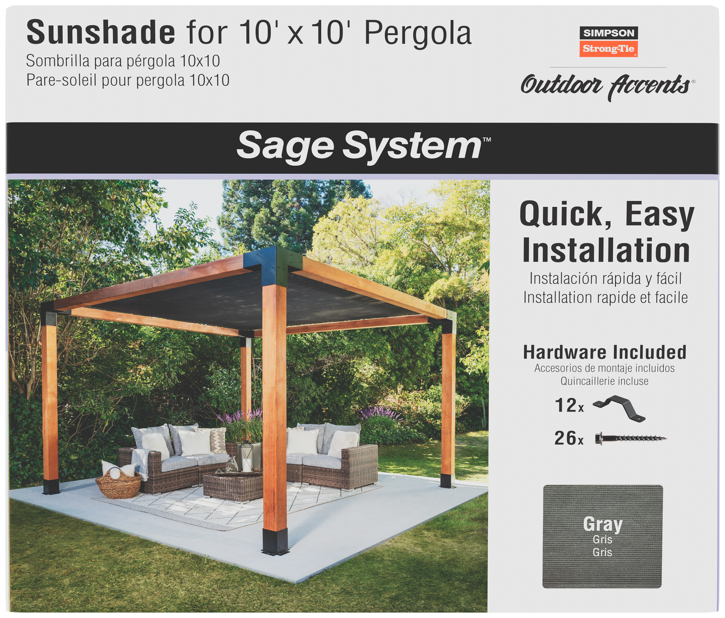 Simpson Strong-Tie SAGE-SHADE10X10G Outdoor Accents® Sage-Shade™ Sunshade for 10 ft. x 10 ft. Pergola, Gray (Pack of 24)