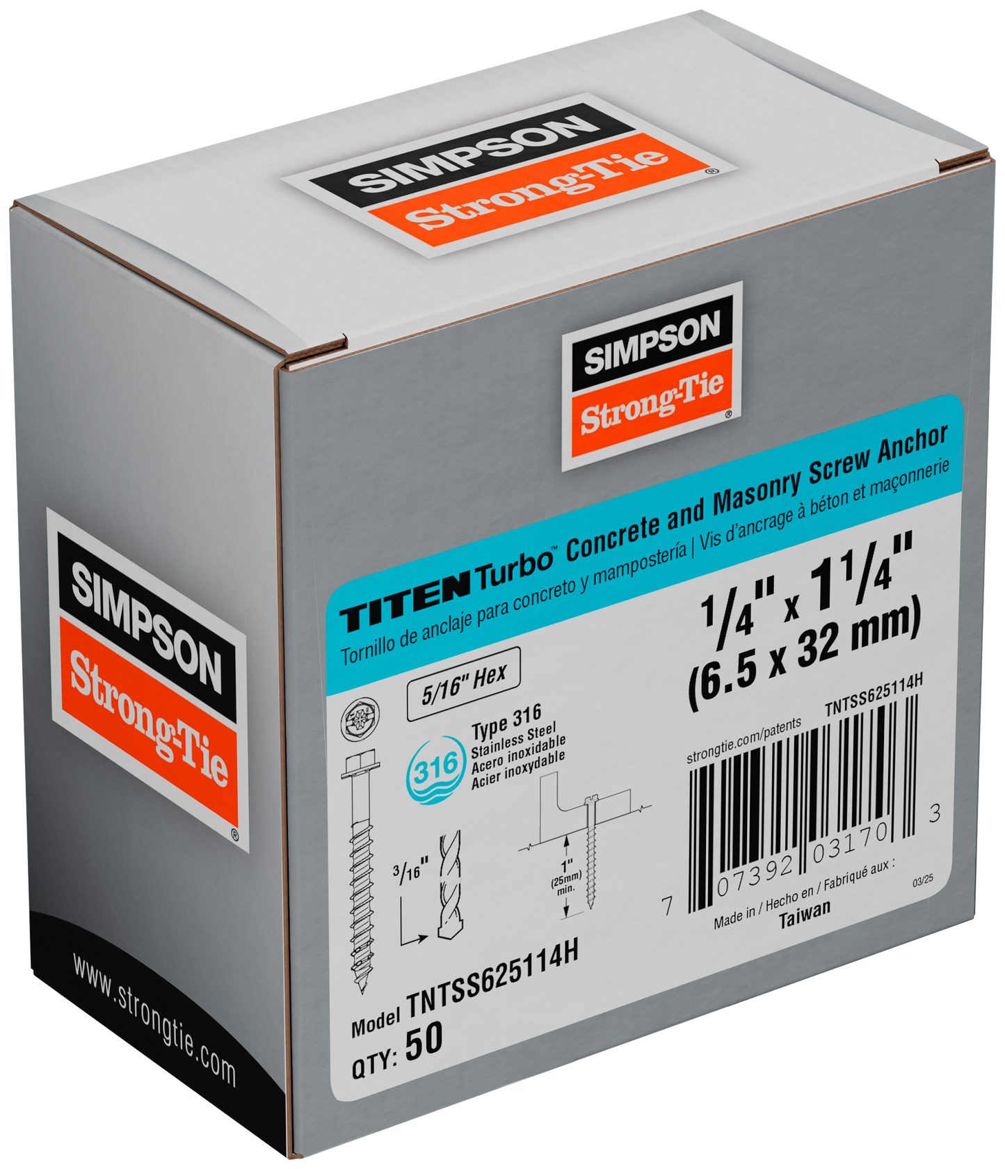 Simpson Strong-Tie TNTSS625114H Titen Turbo™ — 1/4 in. x 1-1/4 in. Type 316 Stainless-Steel Hex-Head Concrete and Masonry Screw (50-Qty) (Pack of 16)