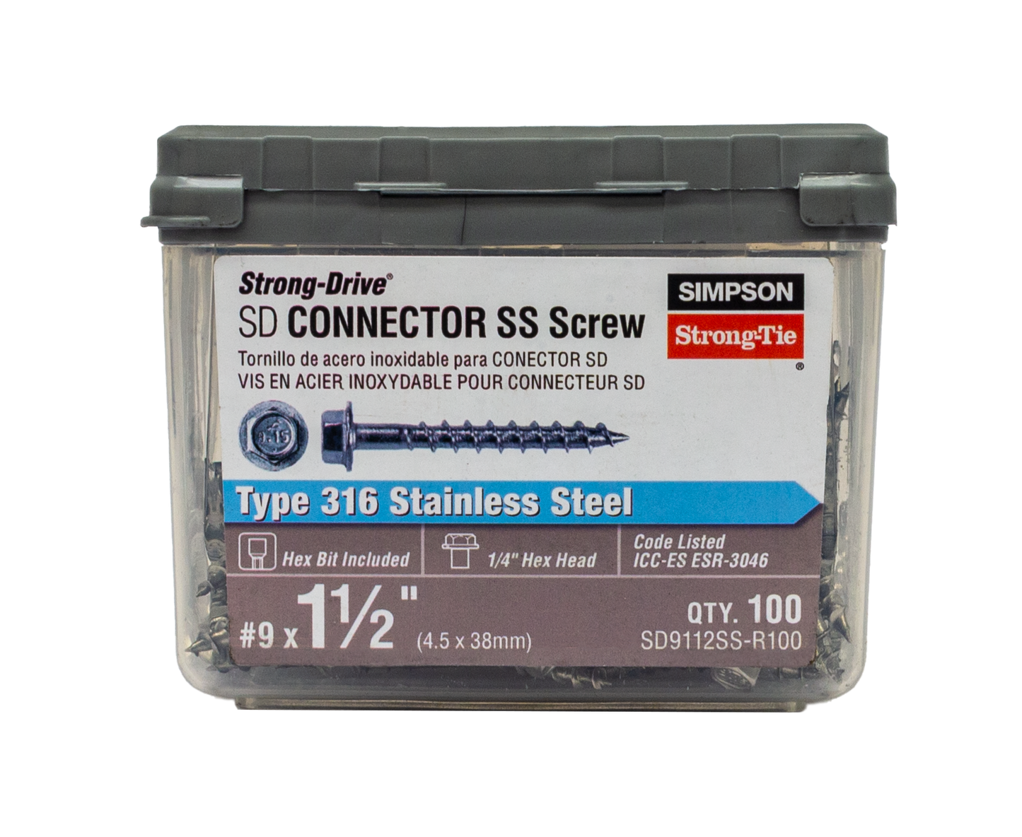 Simpson Strong-Tie SD9112SS-R100 Strong-Drive® SD CONNECTOR SS Screw — #9 x 1-1/2 in. 1/4-Hex Drive, Type 316 (100-Qty)
