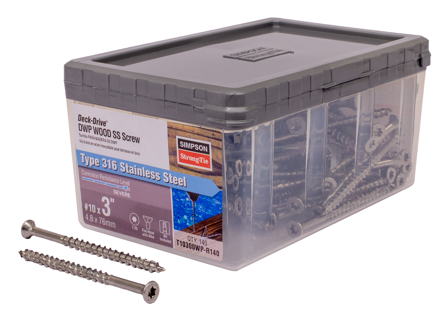 Simpson Strong-Tie T10300WP-R140 Deck-Drive™ DWP WOOD SS Screw — #10 x 3 in. T25, Flat Head, Type 316 (140-Qty) (Pack of 792)
