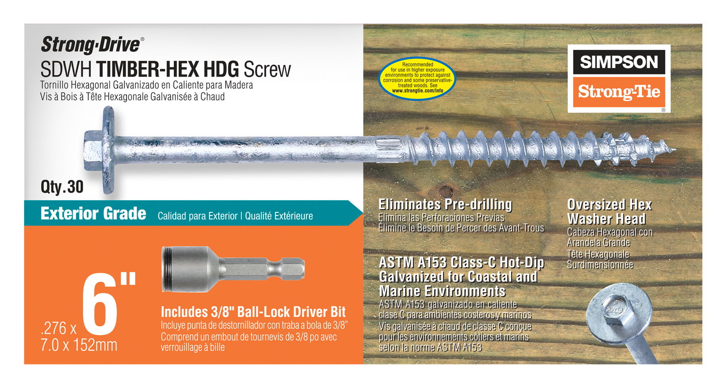 Simpson Strong-Tie SDWH27600GR30 Strong-Drive® SDWH™ TIMBER-HEX HDG Screw — 0.276 in. x 6 in. 3/8 Hex (30-Qty)