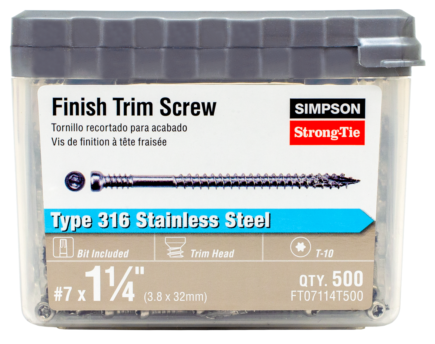 Simpson Strong-Tie FT07114T500 Finish Trim Screw — #7 x 1-1/4 in. T10, Trim-Head, Type 316 (500-Qty)