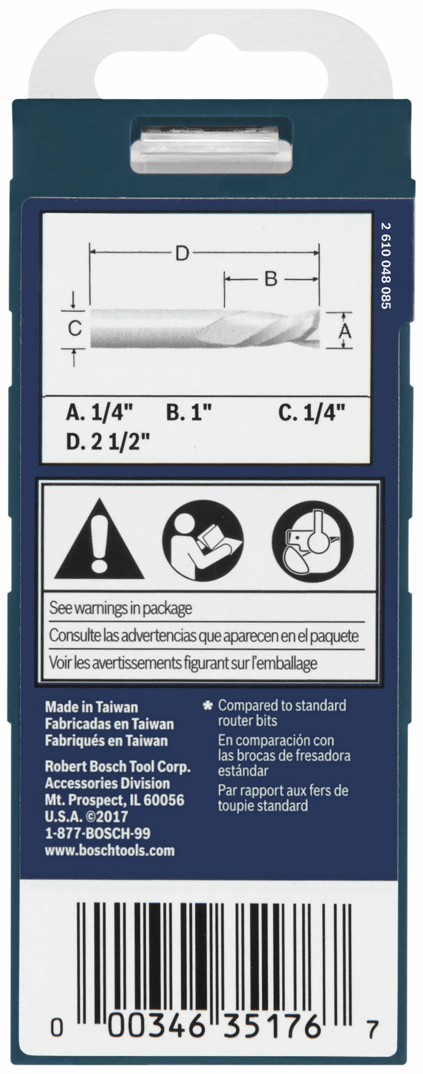 BOSCH 85903MC 1/4 In. x 1 In. Solid Carbide Double-Flute Downcut Spiral Router Bit