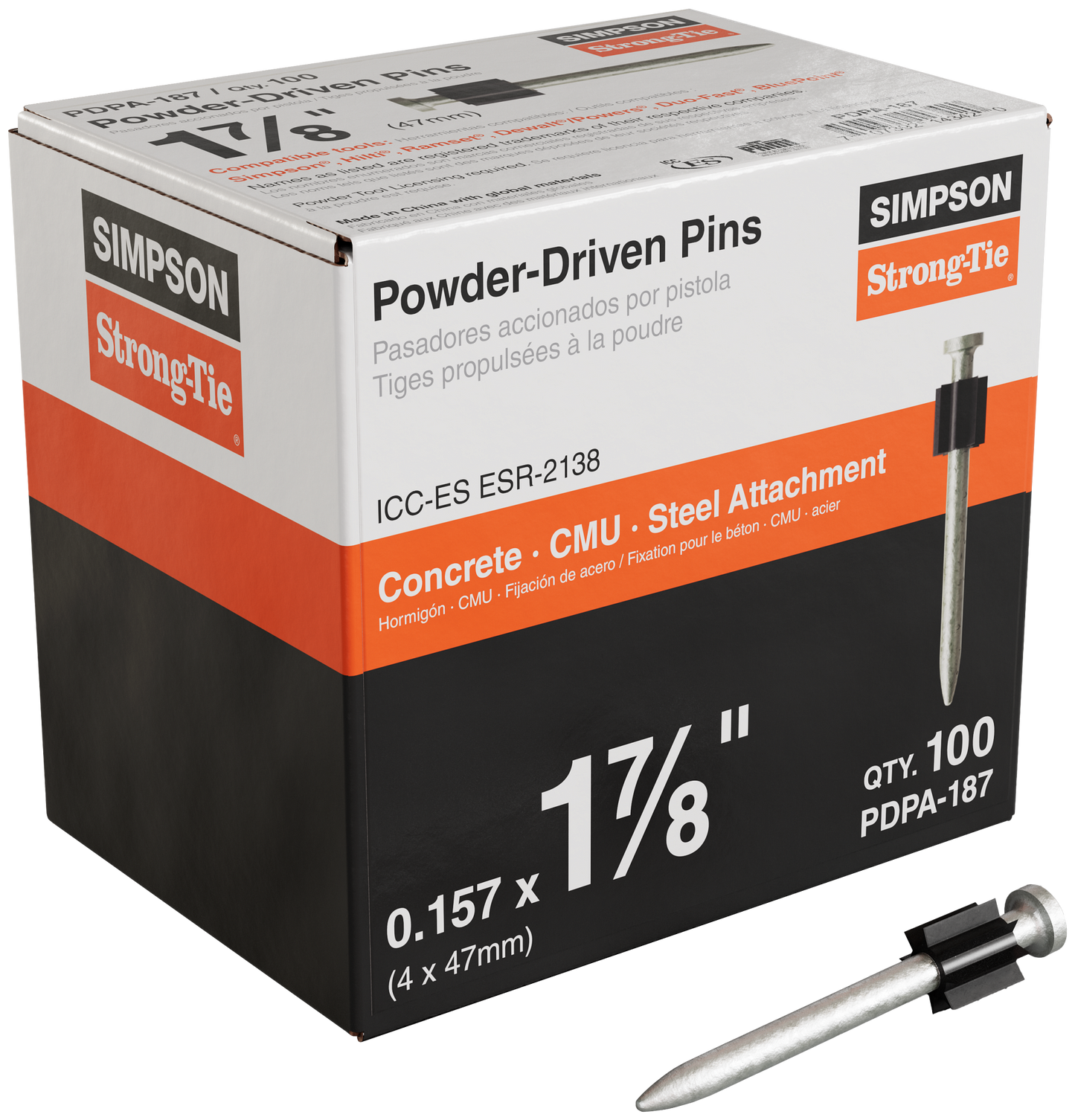 Simpson Strong-Tie PDPA-187 PDPA .157 in. x 1-7/8 in. Powder-Actuated Pin (100-Qty) (Pack of 10)