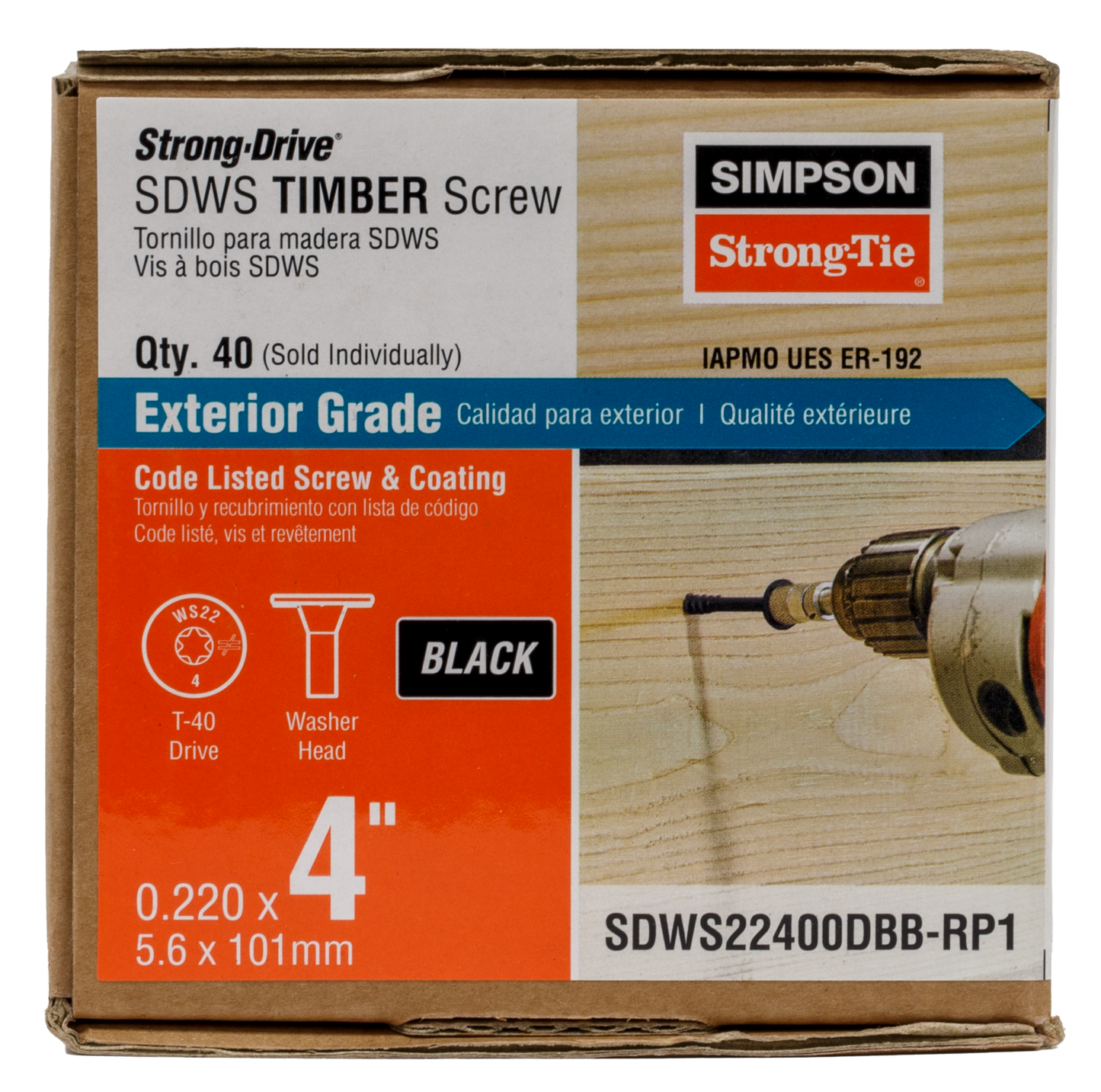 Simpson Strong-Tie SDWS22400DBB-RP1 Strong-Drive® SDWS™ TIMBER Screw (Exterior Grade) — 0.220 in. x 4 in. T40, Black (Pack of 40)