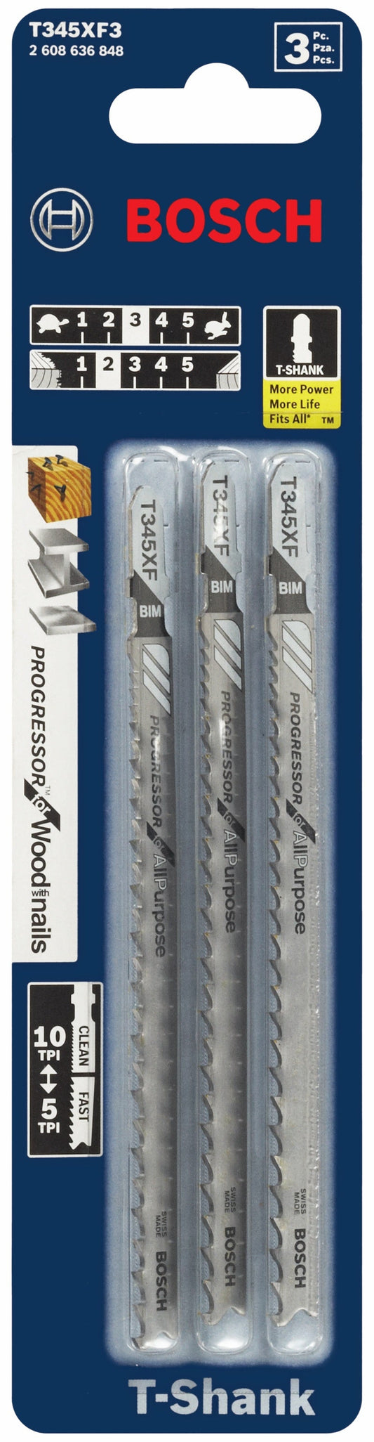 Hojas de sierra caladora BOSCH T345XF3 de 3 piezas, 5-1/4 pulg., 5-10 dientes por pulgada, Progressor para madera con clavos, vástago en T