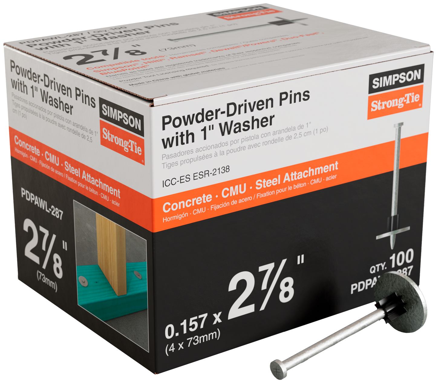 Simpson Strong-Tie PDPAWL-287 PDPAWL .157-in. x 2-7/8-in. Powder-Actuated Pin w/ 1-in. Washer (100-Qty) (Pack of 10)