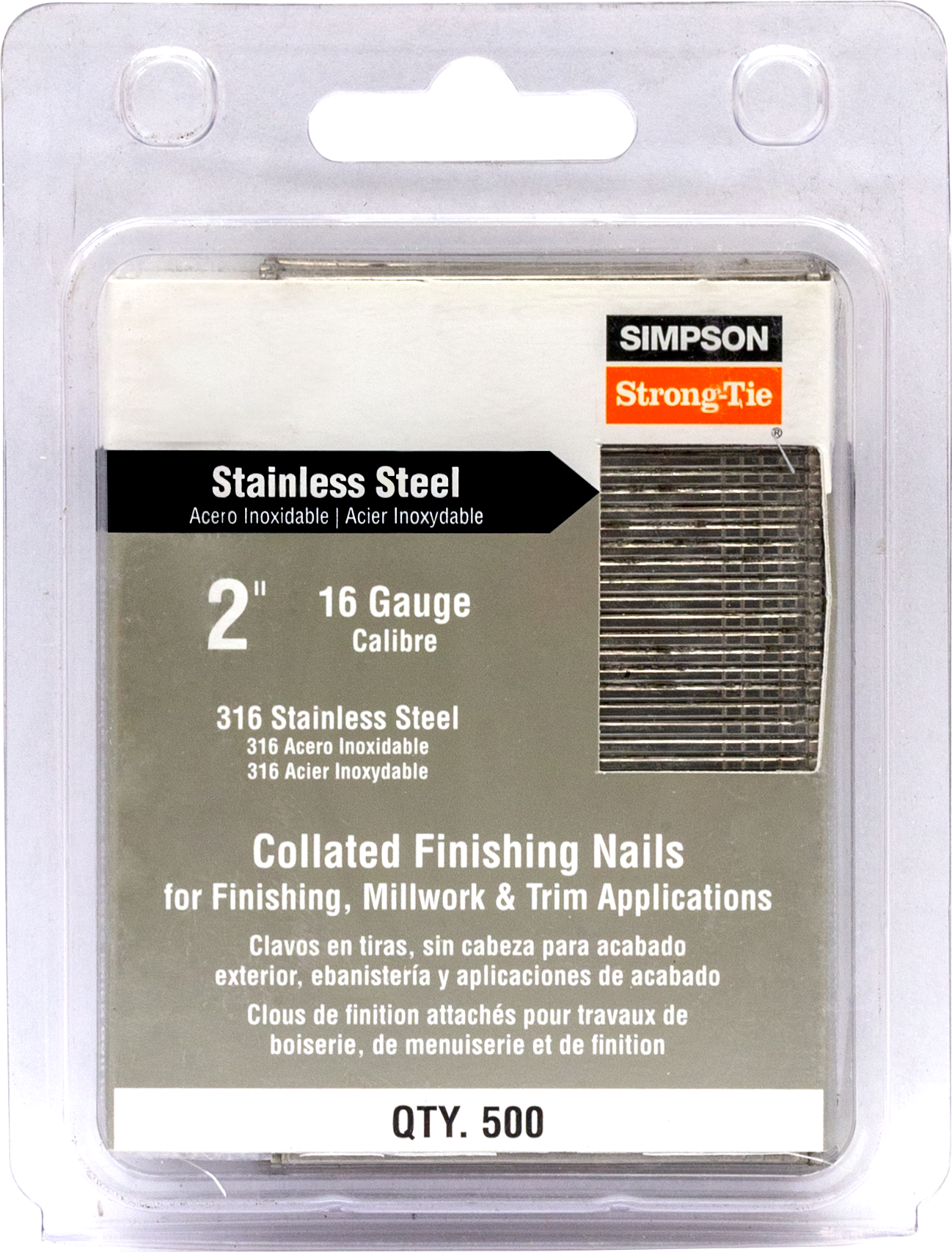 Simpson Strong-Tie T16N200FNB Straight, Adhesive Collation, T-Style Head, 16-Gauge Finishing Nail — 2 in. Type 316 (500-Qty)