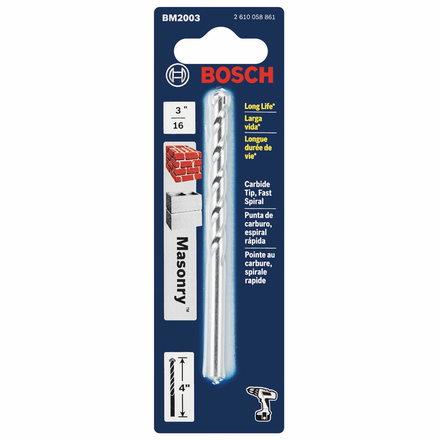 Broca rotativa de espiral rápida para mampostería BOSCH BM2003 de 3/16 pulg. x 2 pulg. x 4 pulg.